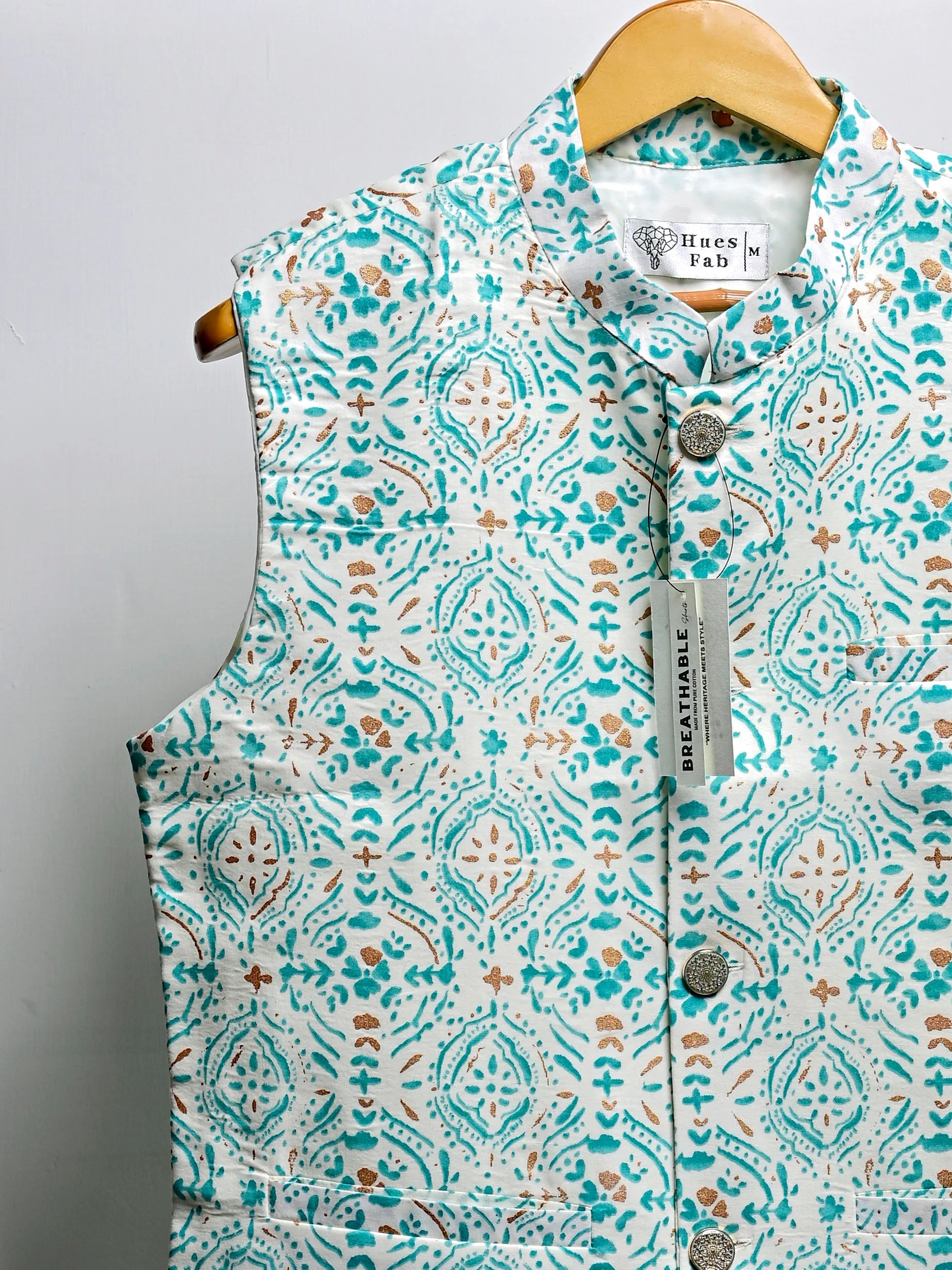 Mint Golden Block Printed Nehru Jacket