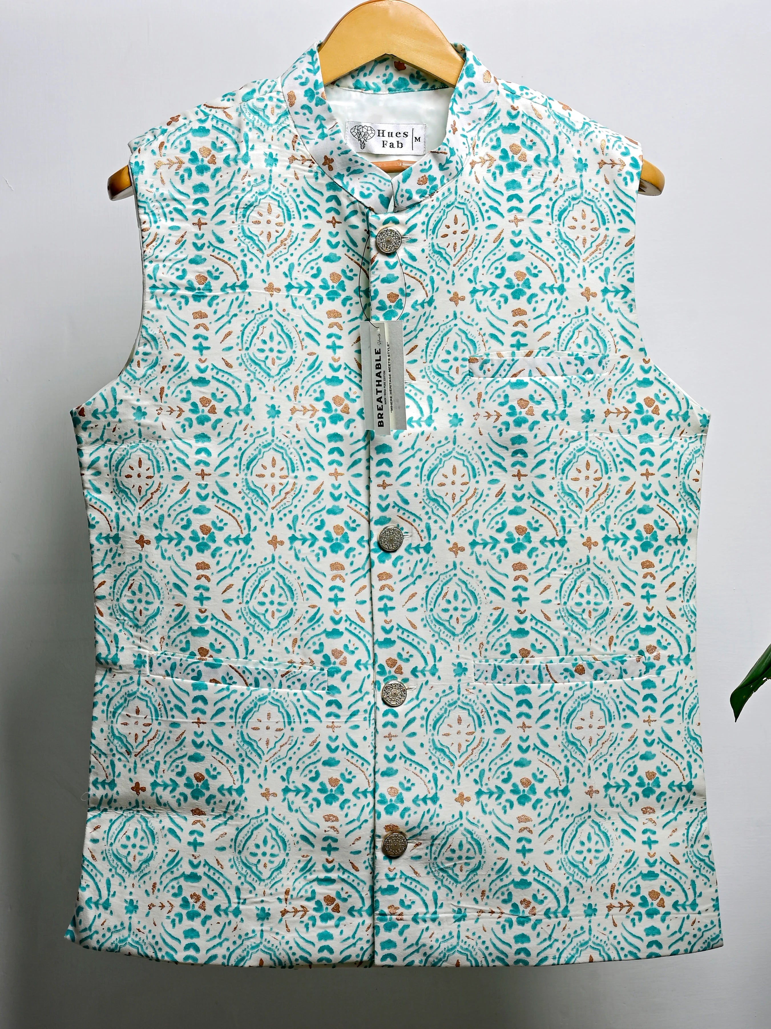 Mint Golden Block Printed Nehru Jacket