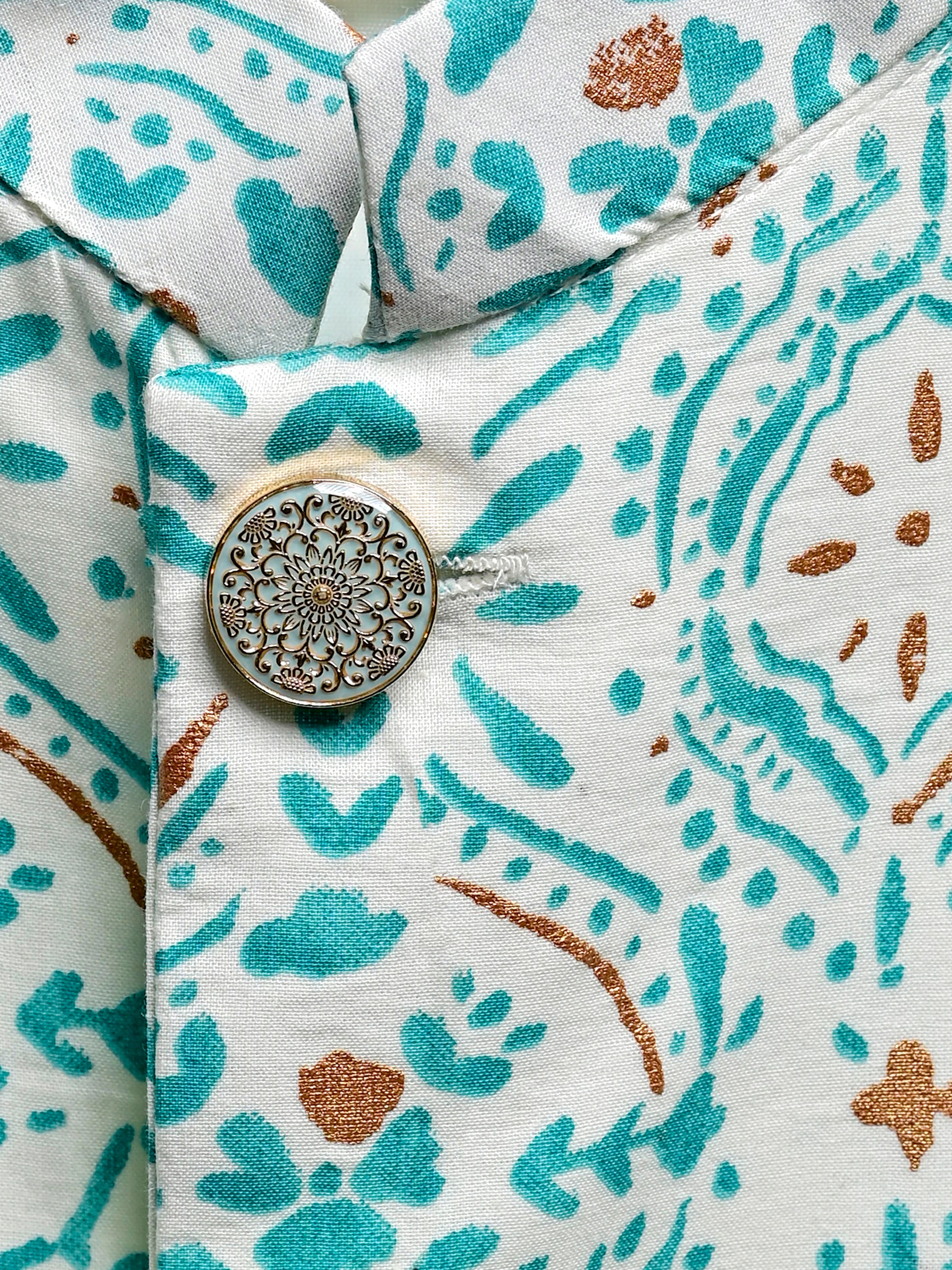 Mint Golden Block Printed Nehru Jacket