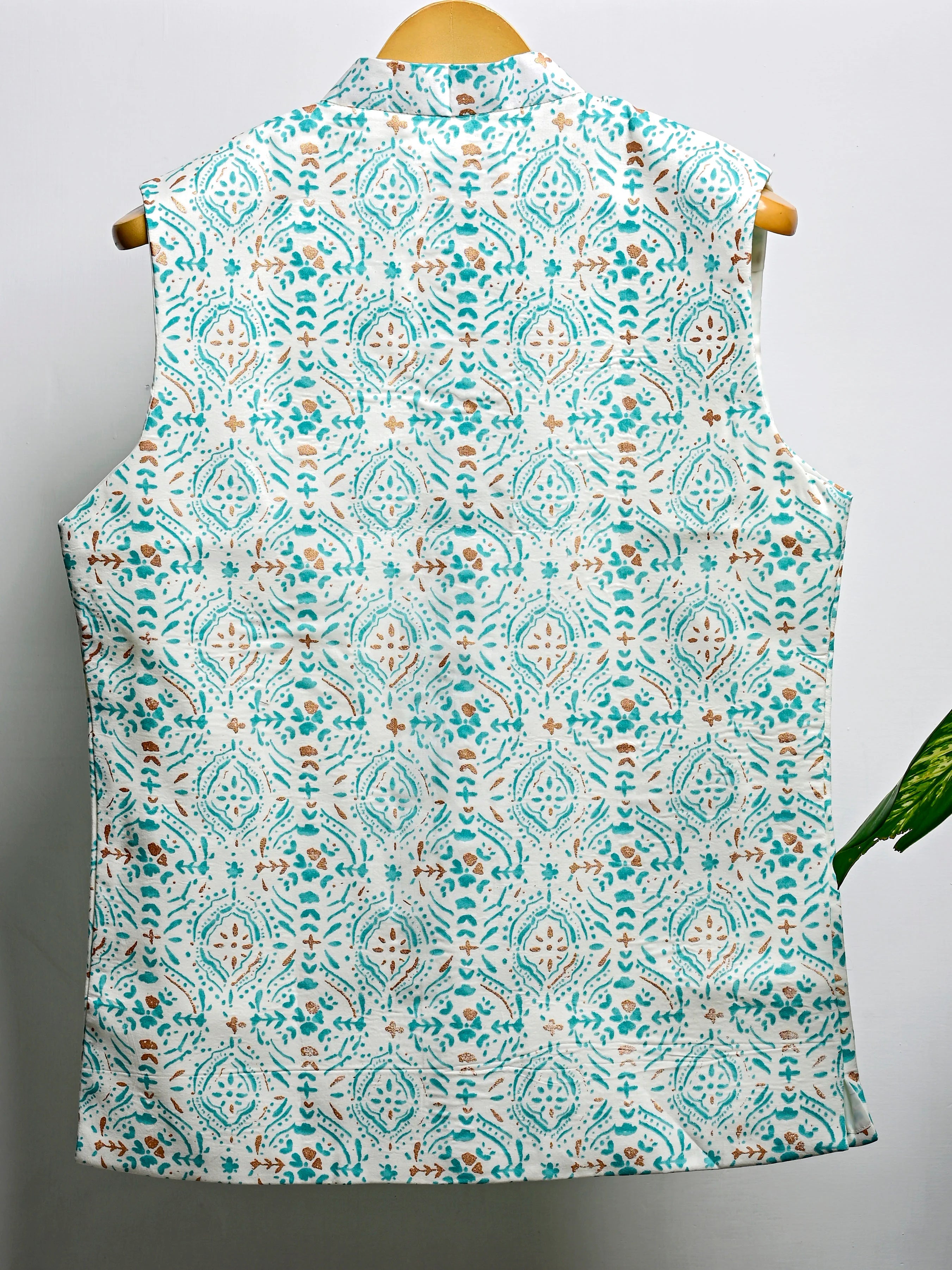 Mint Golden Block Printed Nehru Jacket