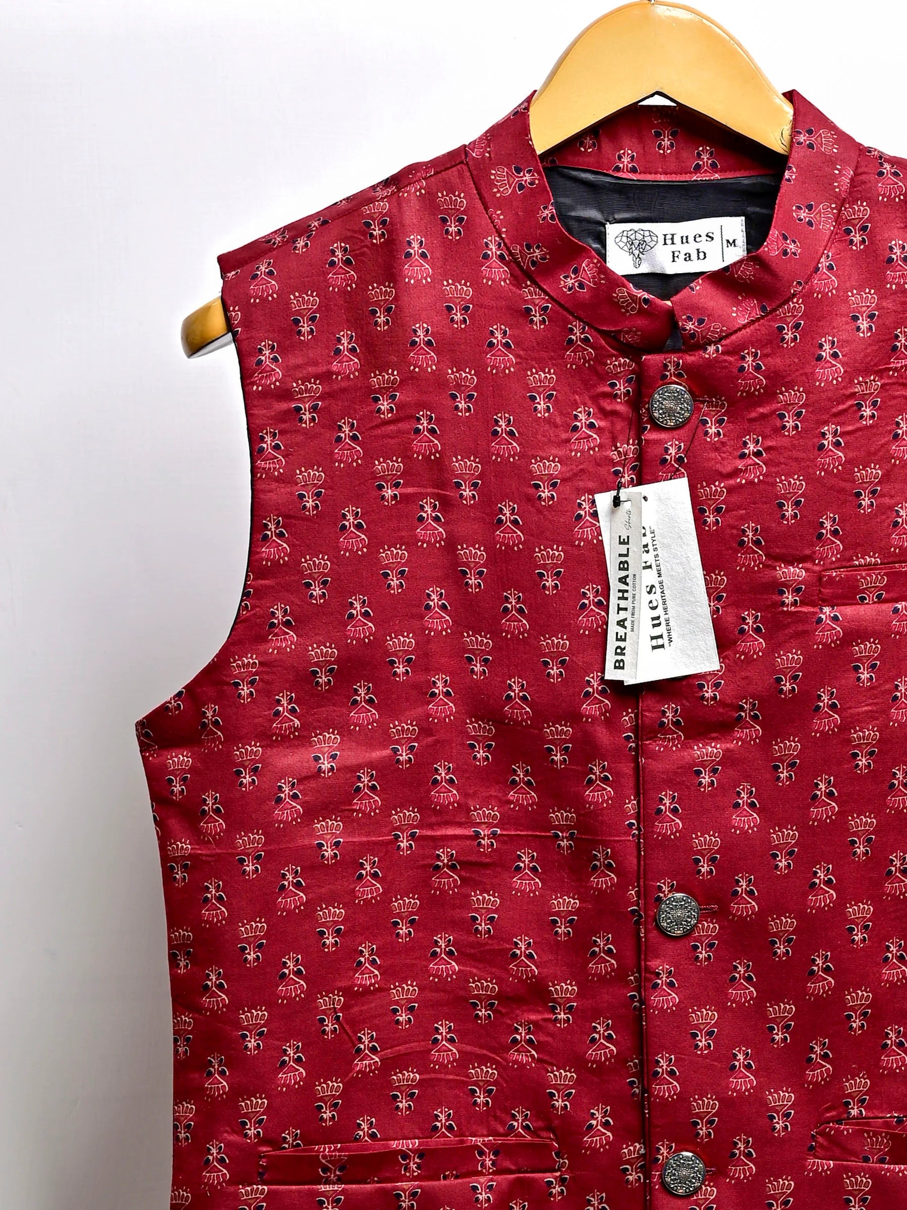 Maroon Motifs Block Printed Nehru Jacket