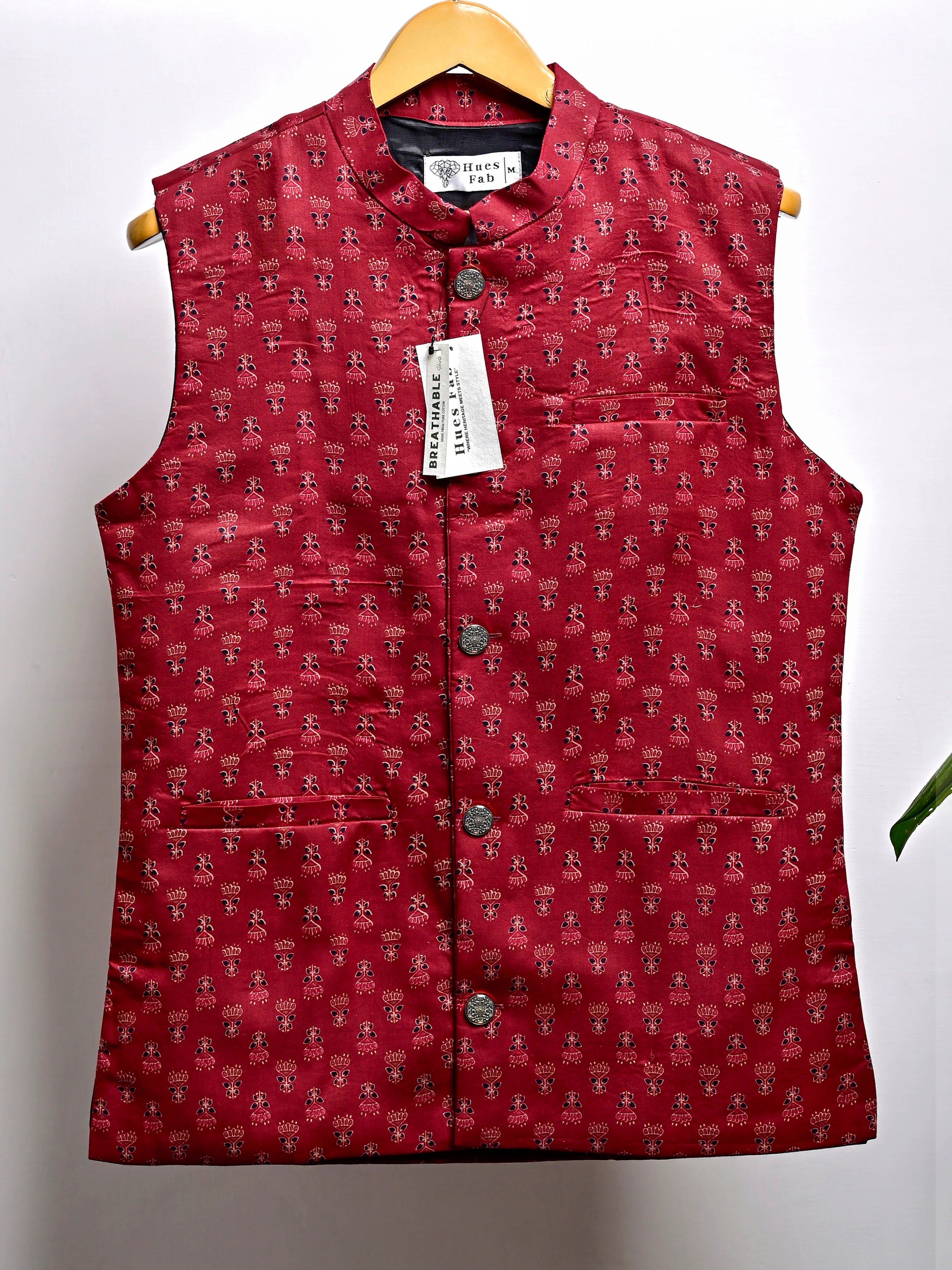 Maroon Motifs Block Printed Nehru Jacket