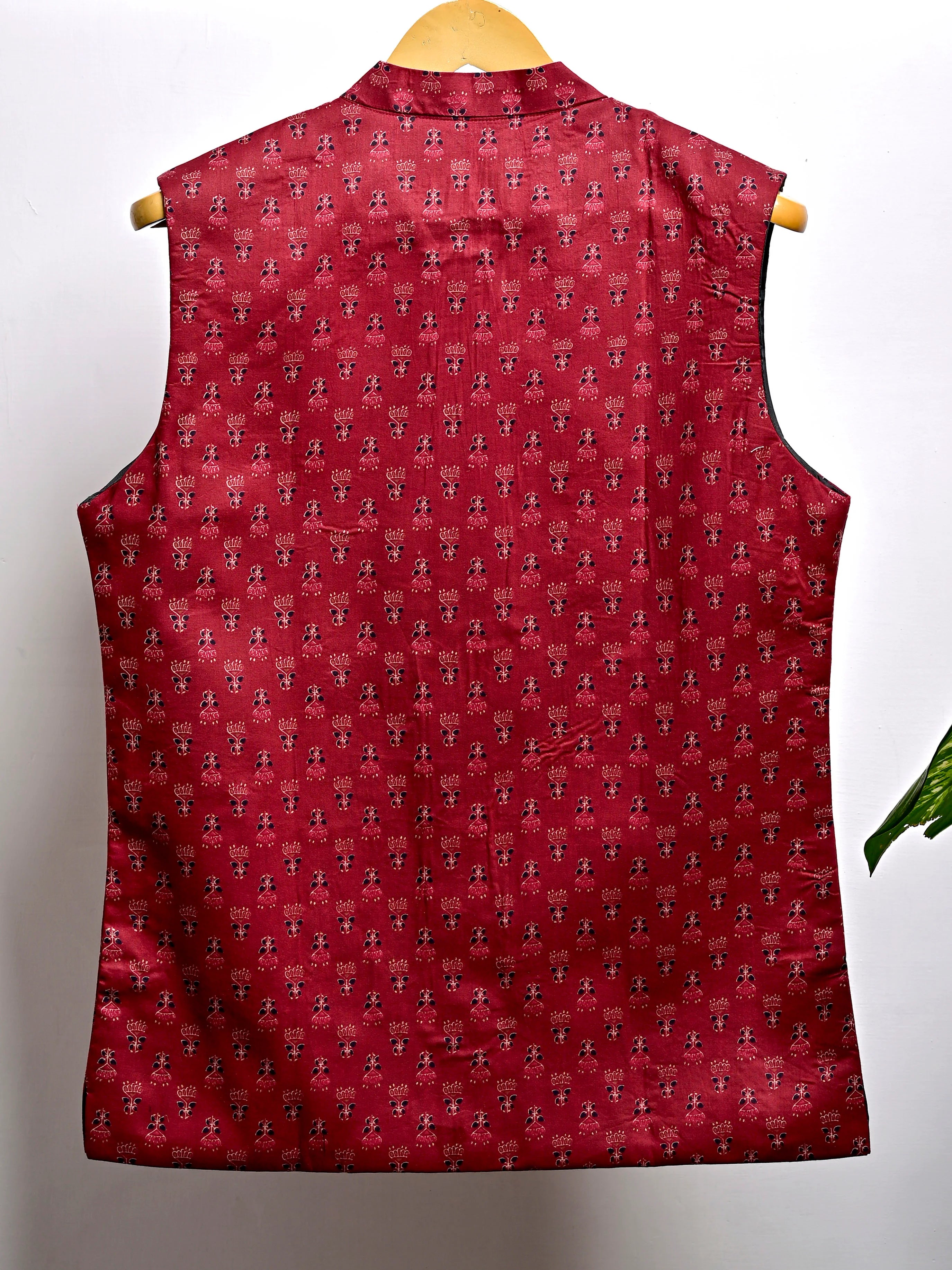 Maroon Motifs Block Printed Nehru Jacket
