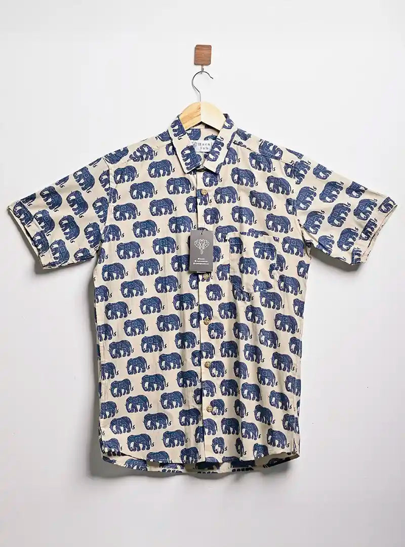 Cream-Blue Elephant printed half-sleeves shirt
