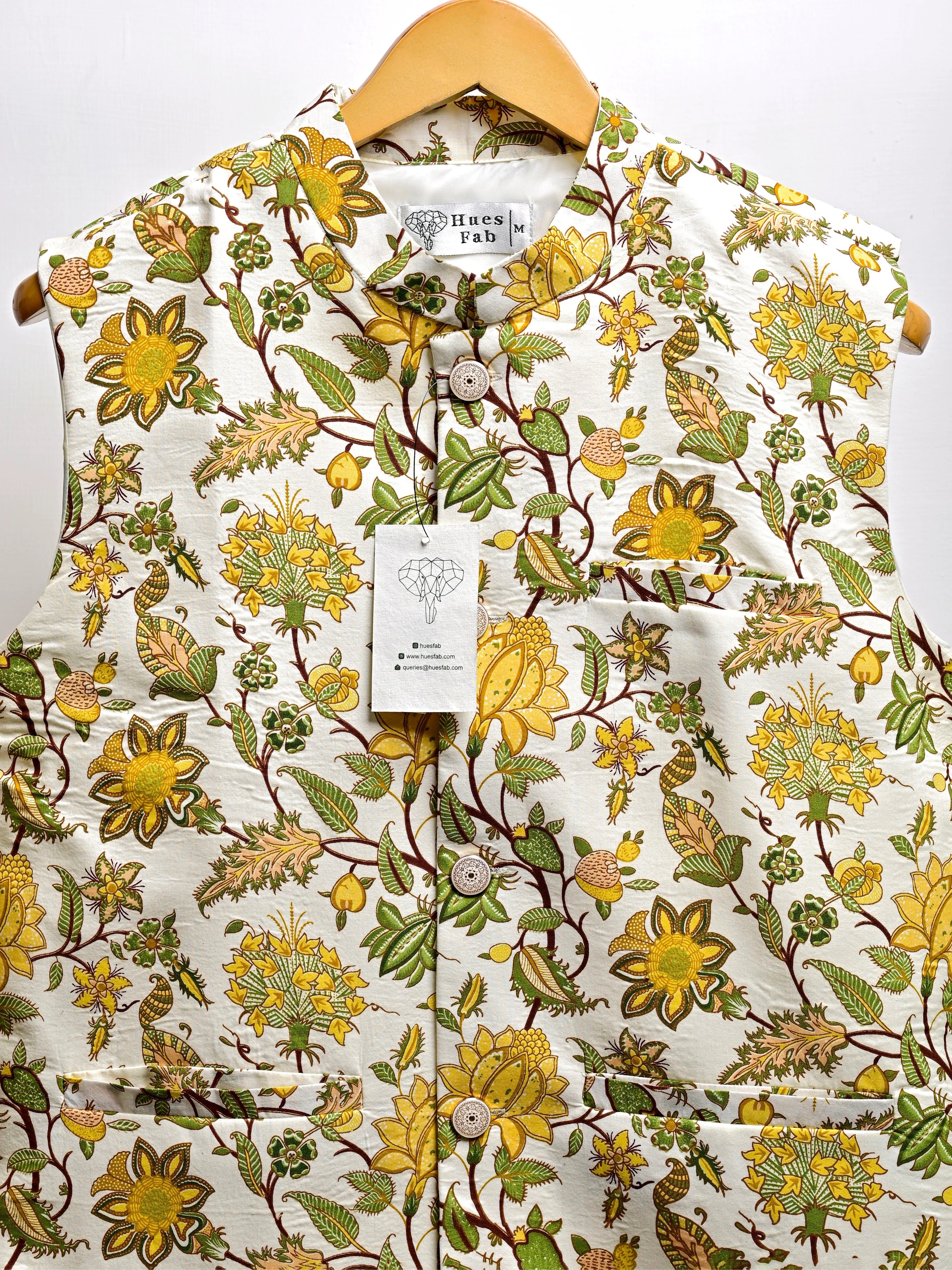 White Yellow Floral Block Printed Nehru Jacket