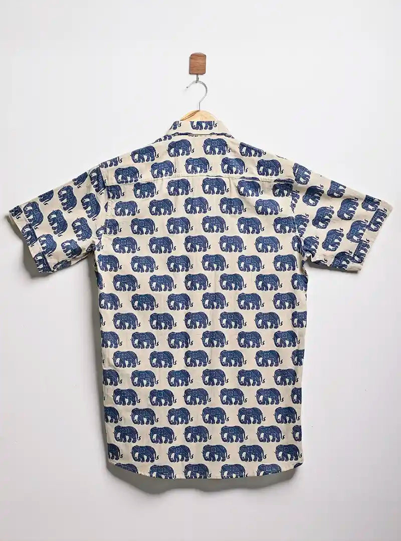 Cream-Blue Elephant printed half-sleeves shirt