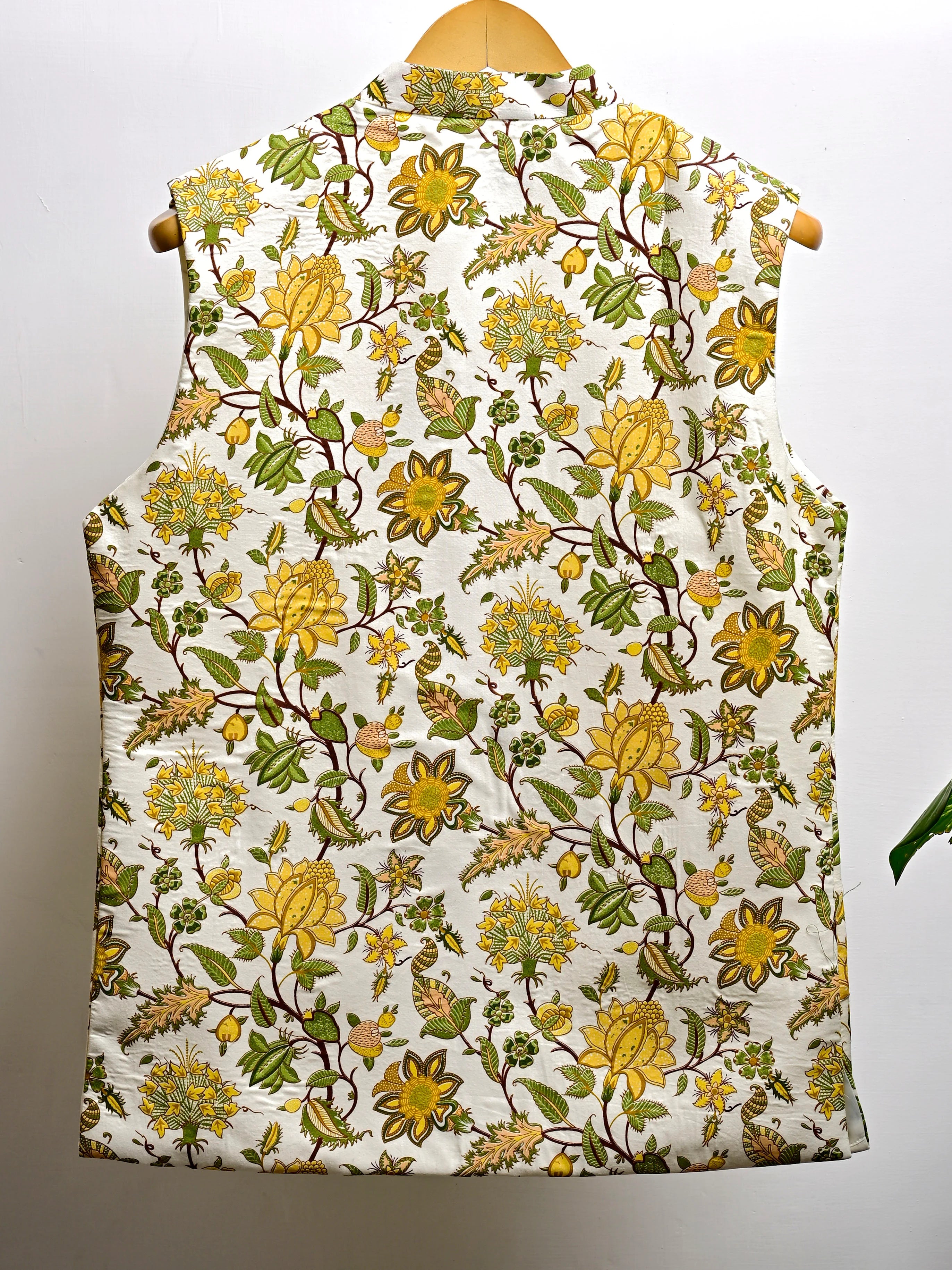 White Yellow Floral Block Printed Nehru Jacket