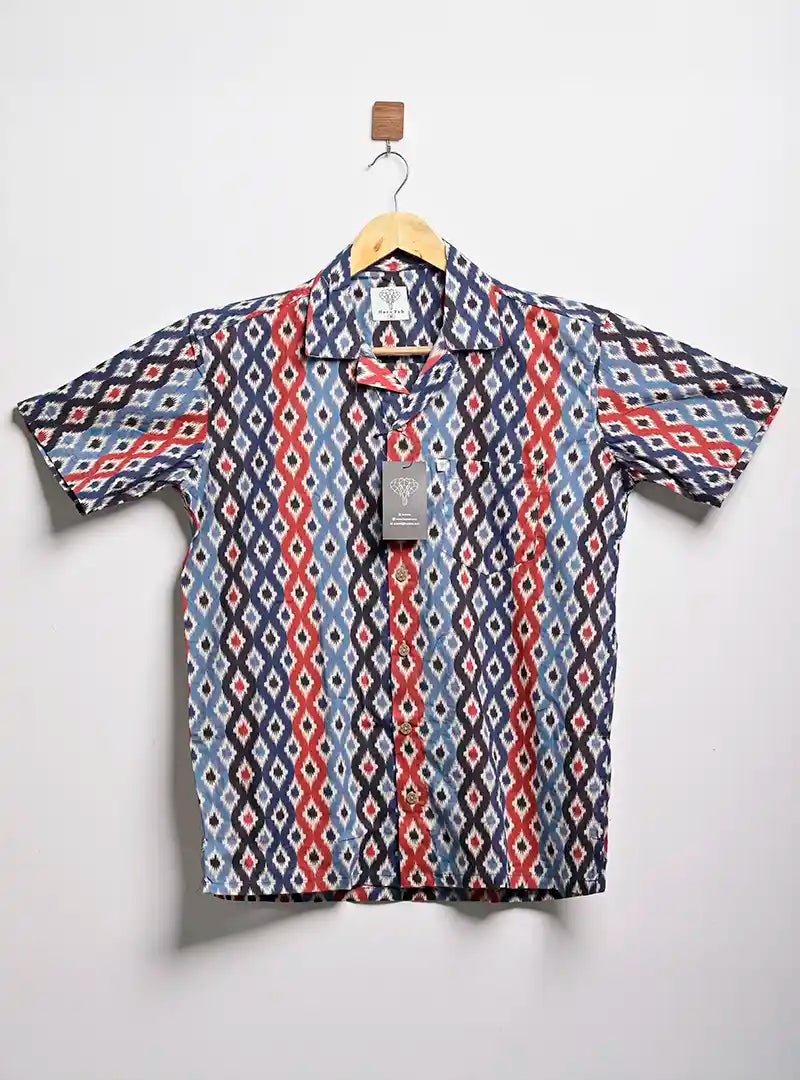 red blue blocks cuban collar shirt