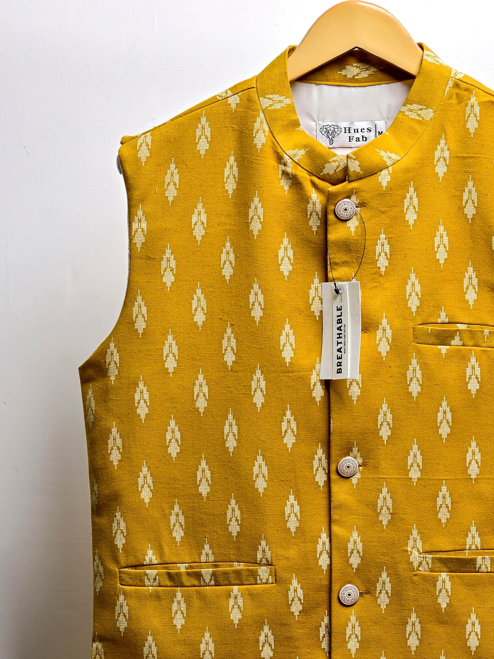 Yellow Motifs Block Printed Nehru Jacket