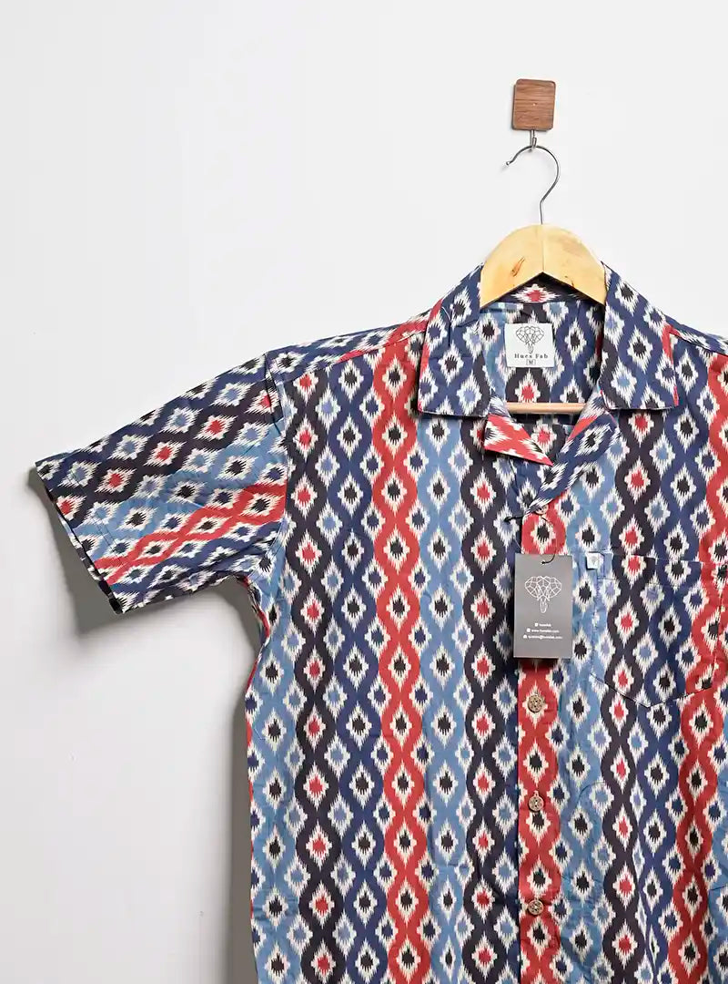 red blue blocks cuban collar shirt