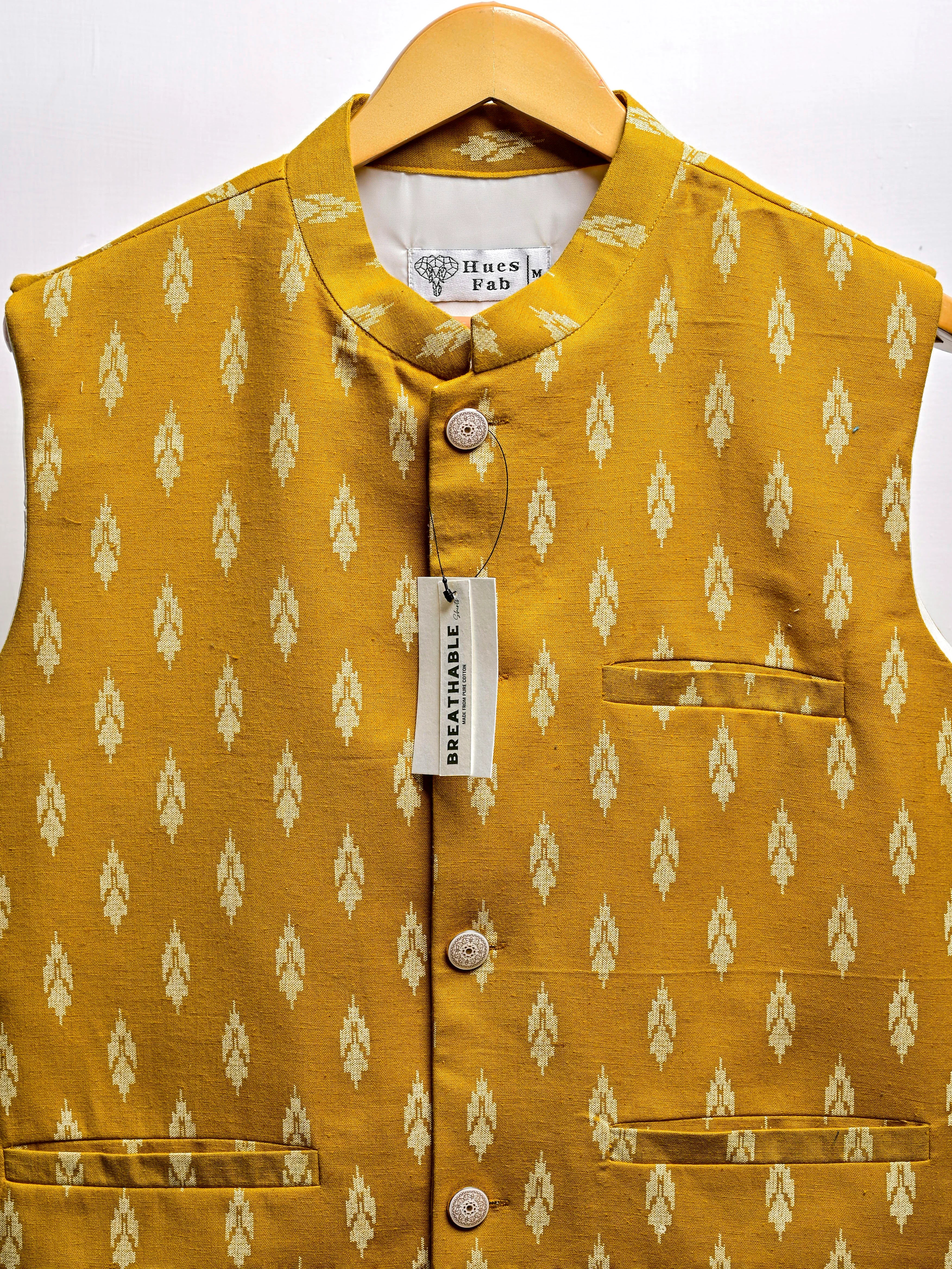 Yellow Motifs Block Printed Nehru Jacket