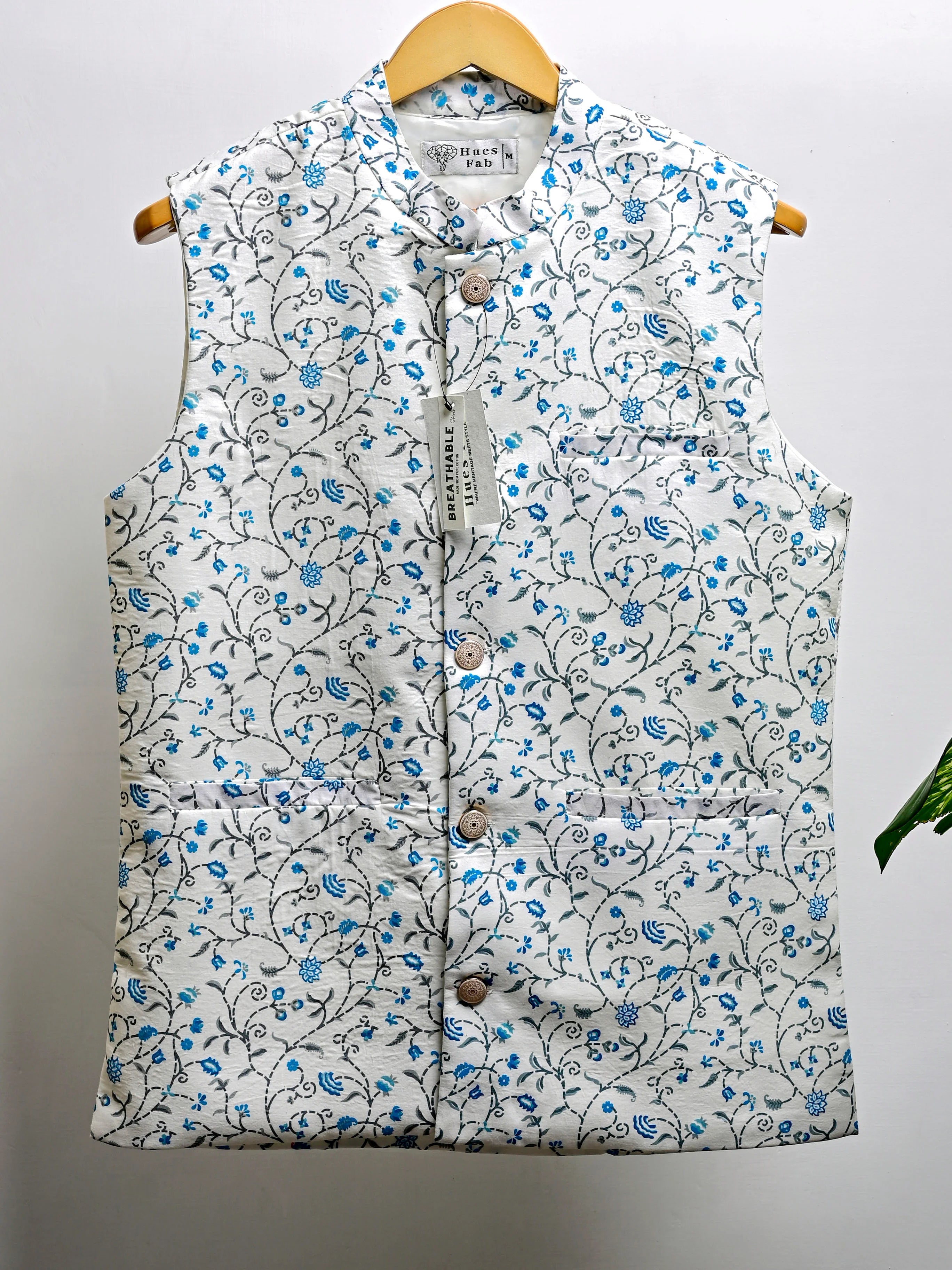 White Blue Floral Block Printed Nehru Jacket