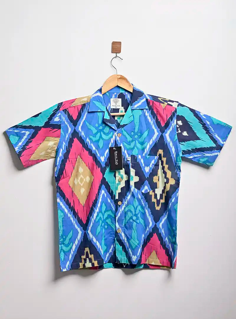 blue tree block cuban collar shirt