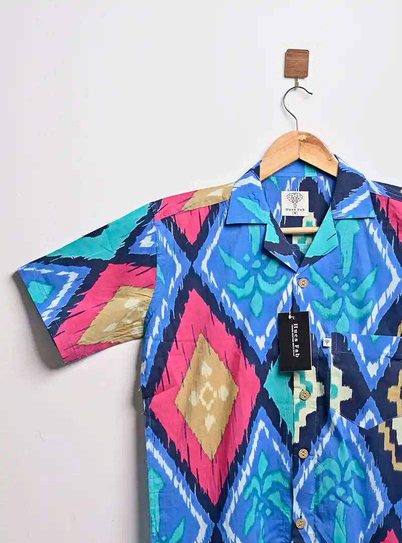 blue tree block cuban collar shirt