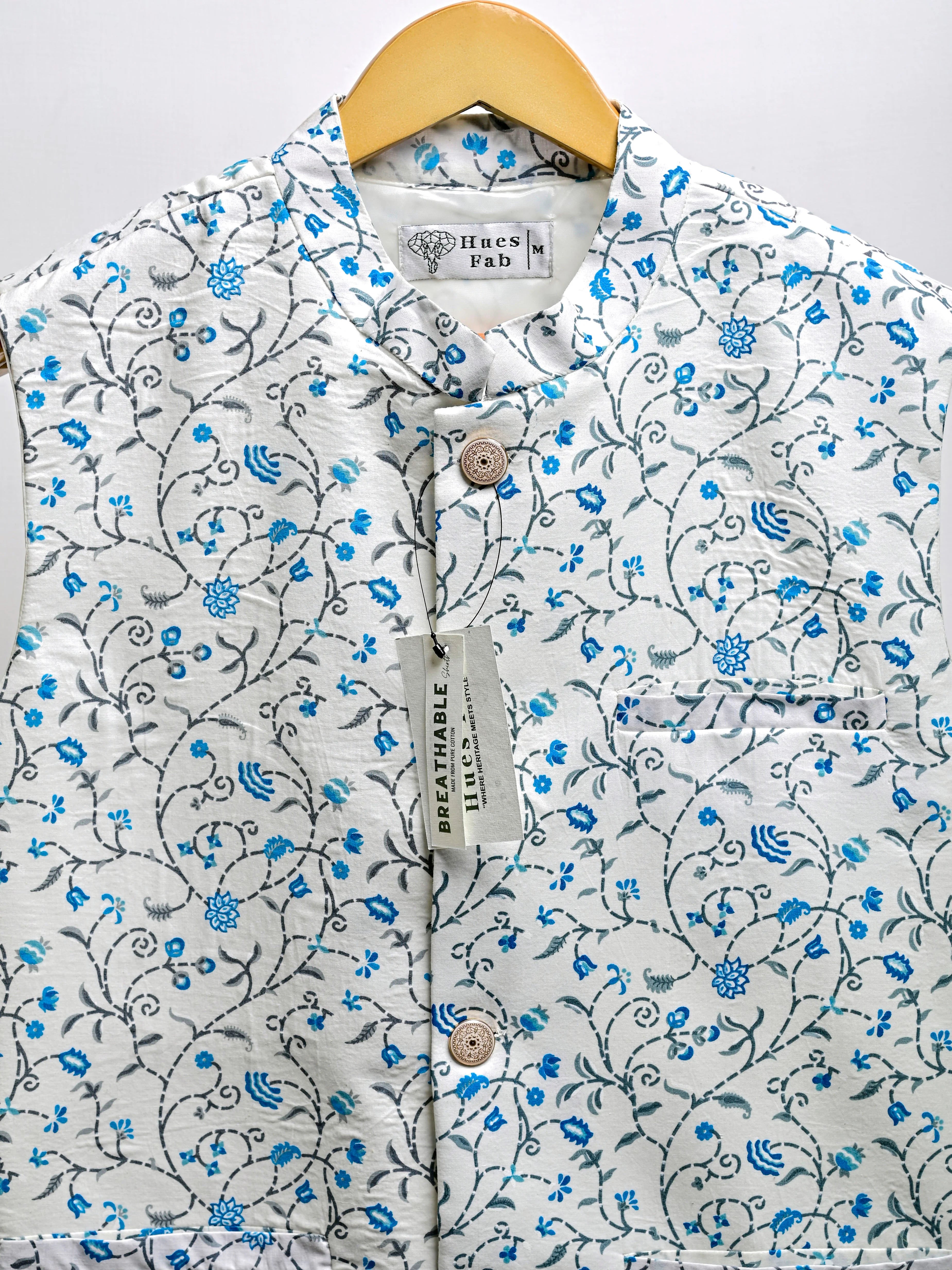 White Blue Floral Block Printed Nehru Jacket