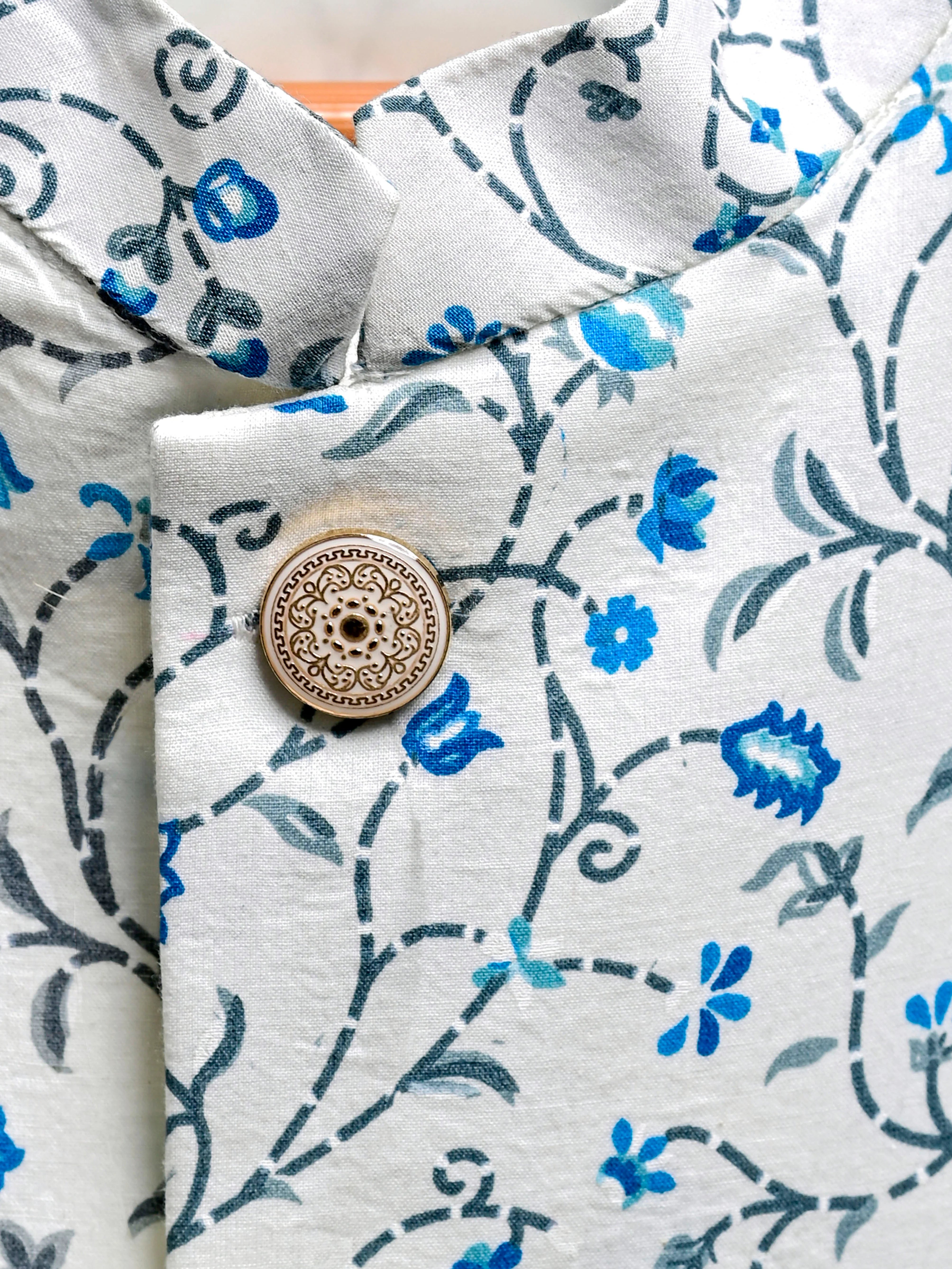White Blue Floral Block Printed Nehru Jacket