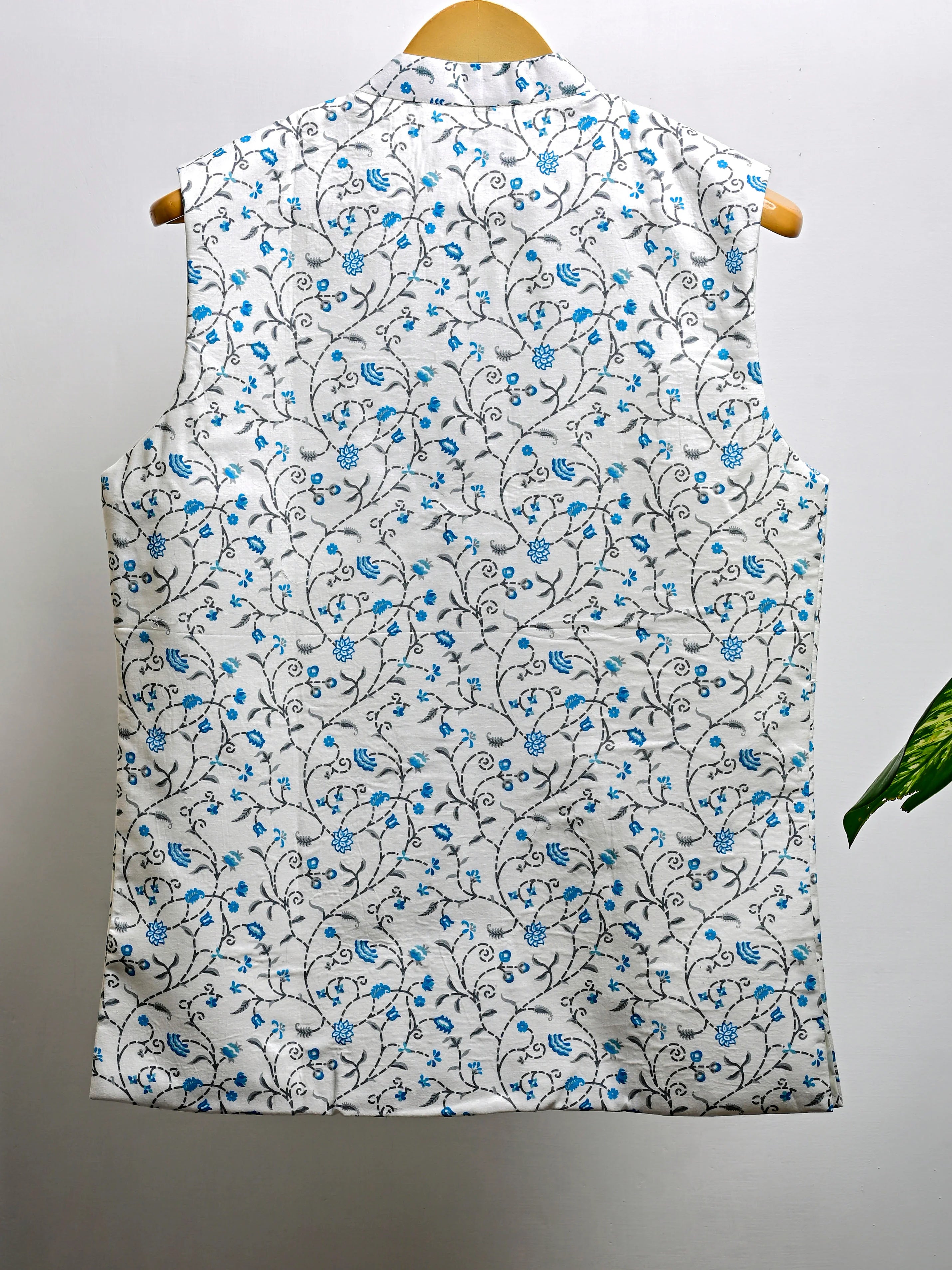 White Blue Floral Block Printed Nehru Jacket