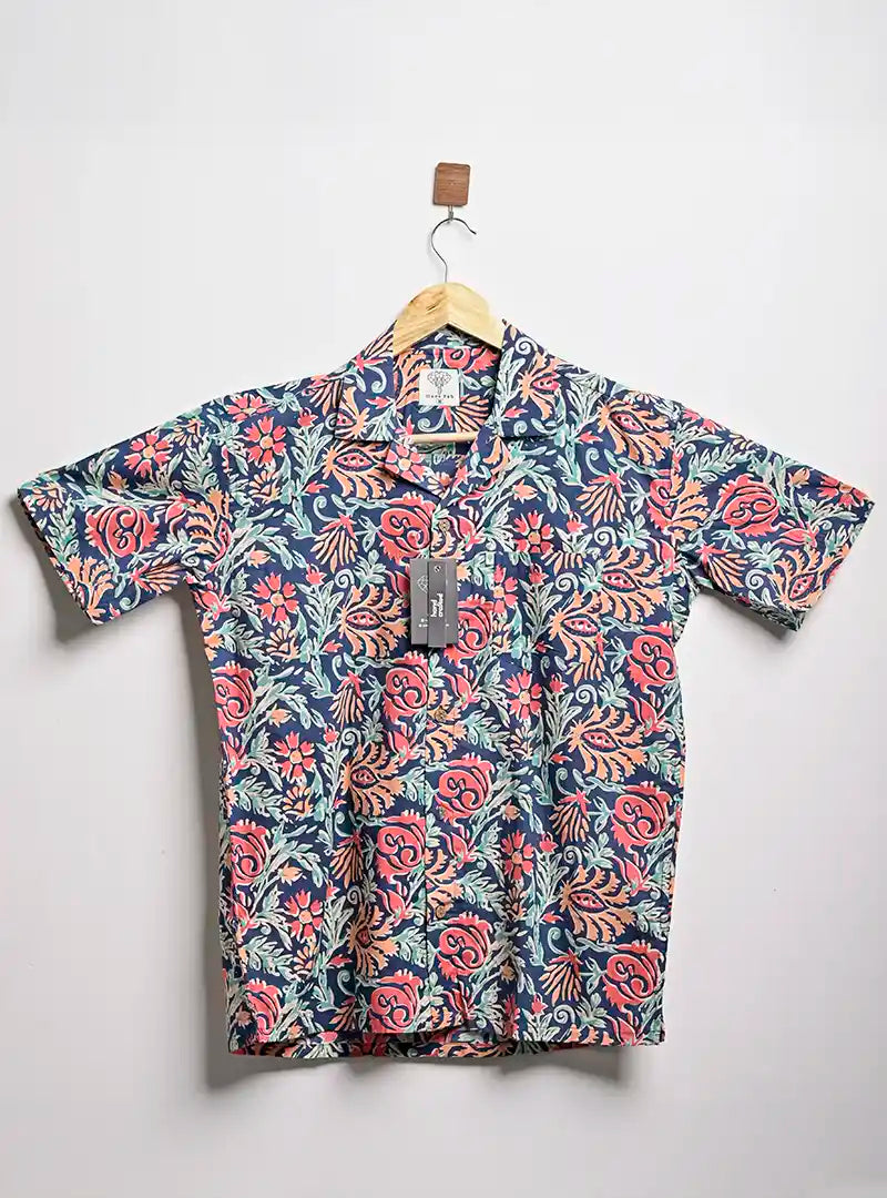 NavyBlue Hawaiian Floral Cuban Collar Resort Shirt