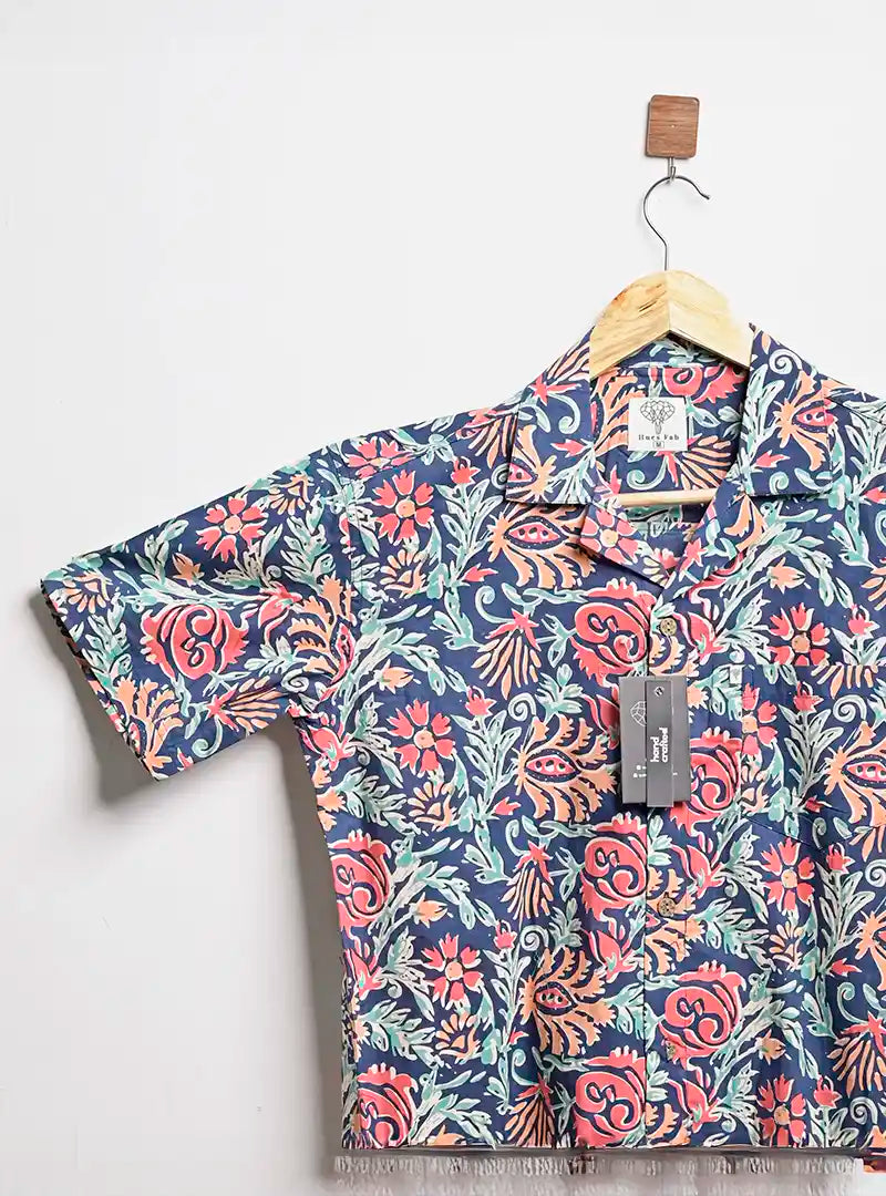 NavyBlue Hawaiian Floral Cuban Collar Resort Shirt
