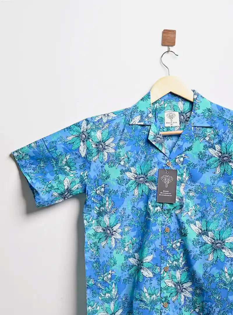 Blue Tropical Printed Cuban Collar Resort Shirt