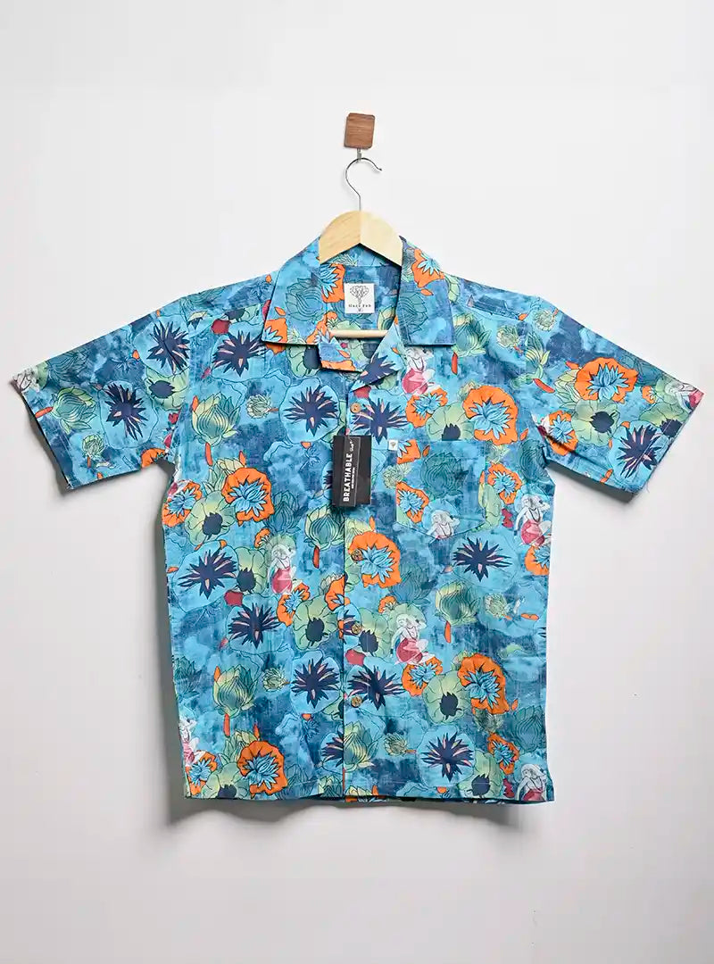 Blue TieDye Floral Cuban Collar Resort Shirt