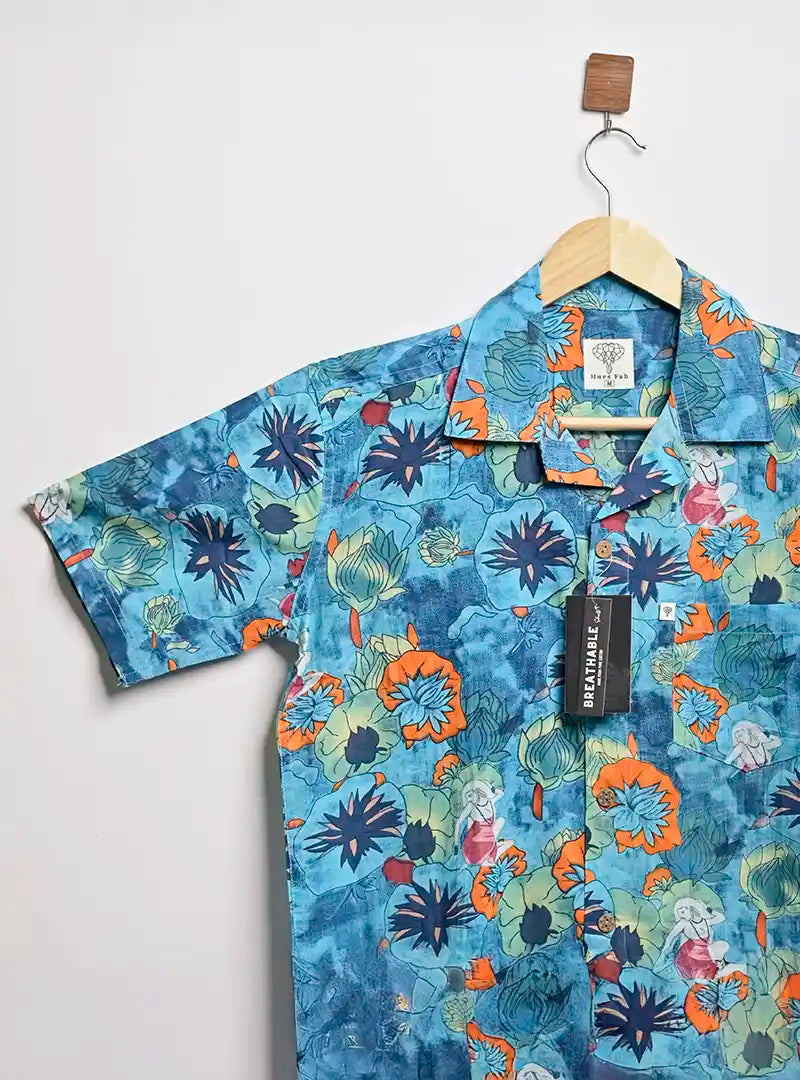 Blue TieDye Floral Cuban Collar Resort Shirt