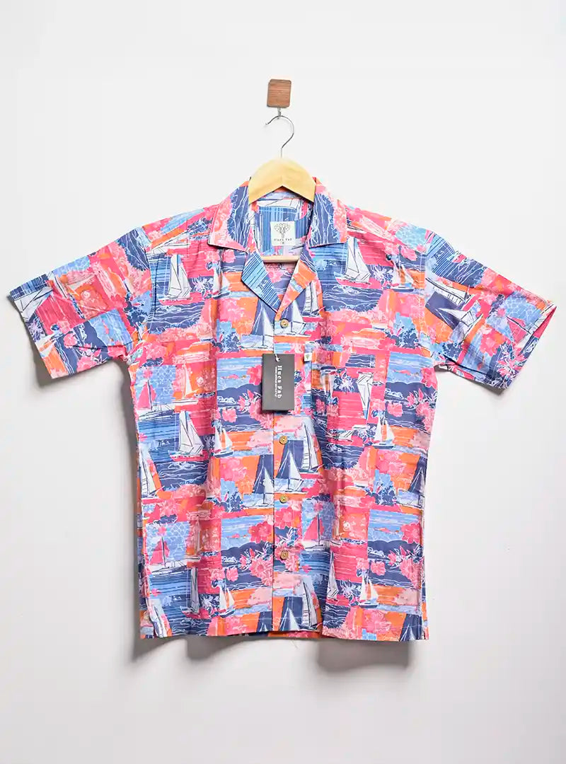 Blue Nautical Boat Print Cuban Collar Resort Shirt