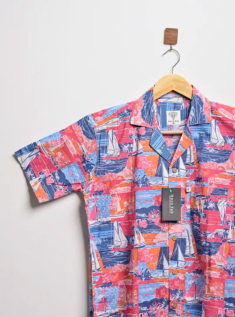 Blue Nautical Boat Print Cuban Collar Resort Shirt