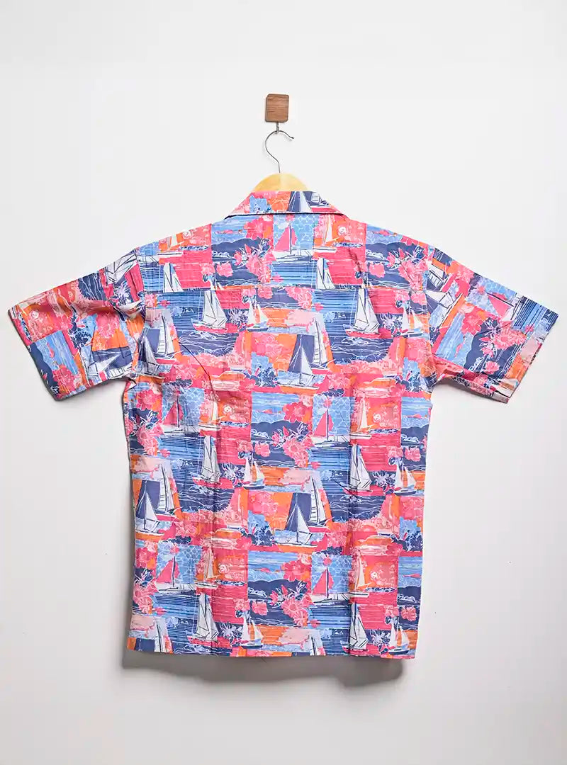 Blue Nautical Boat Print Cuban Collar Resort Shirt
