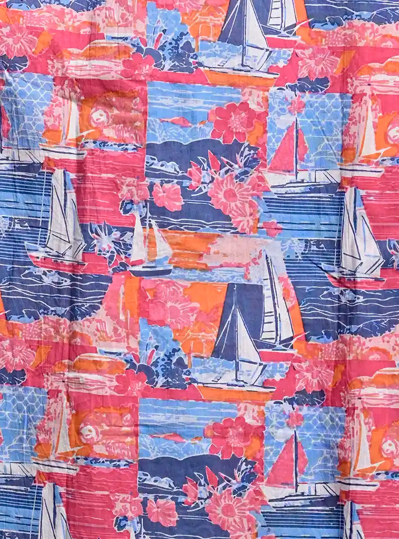 Blue Nautical Boat Print Cuban Collar Resort Shirt