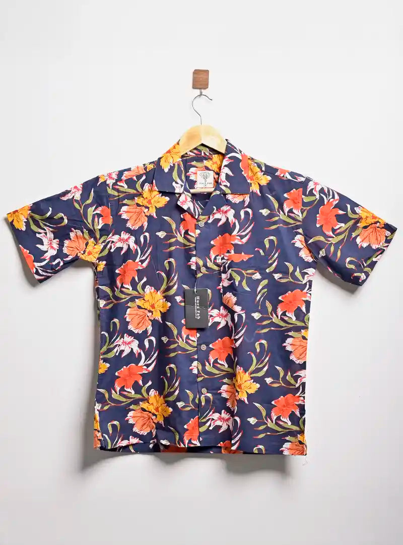 navy blue flowers Collar Resort Shir
