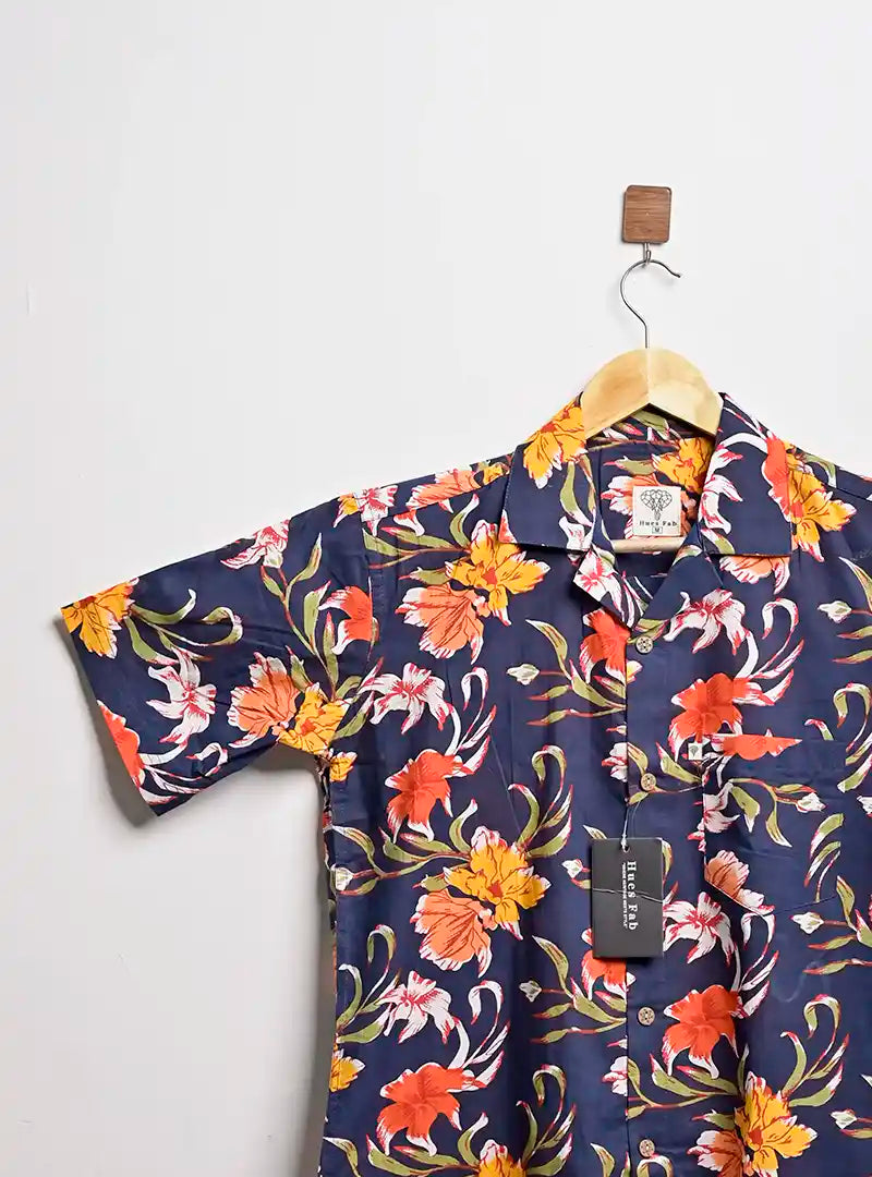 navy blue flowers Collar Resort Shir
