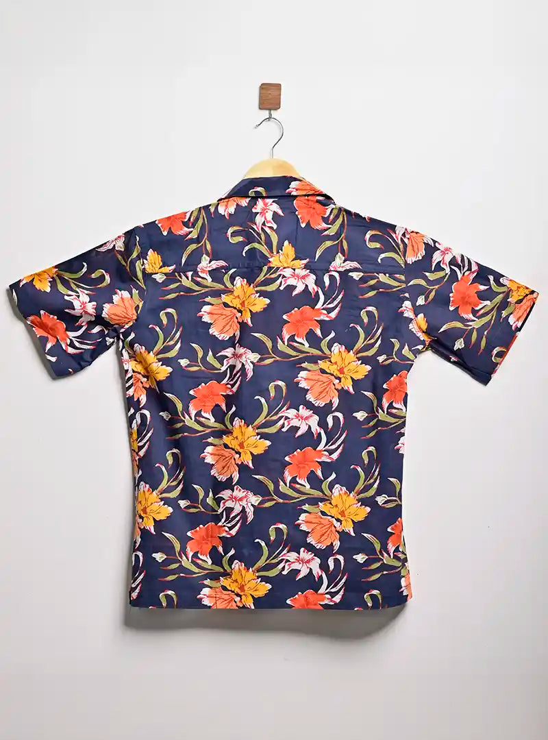 navy blue flowers Collar Resort Shir