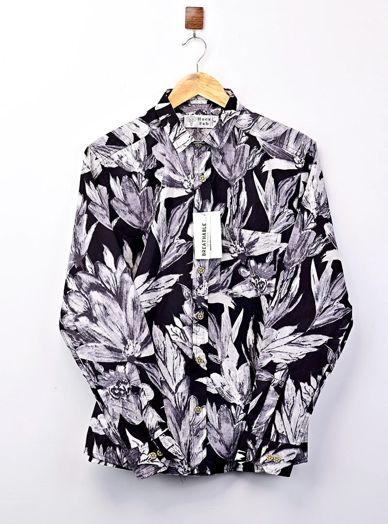 black – White Floral Printed Full Sleeves Shirt