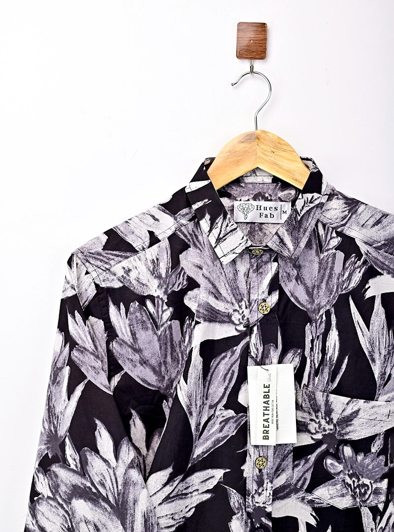 black – White Floral Printed Full Sleeves Shirt