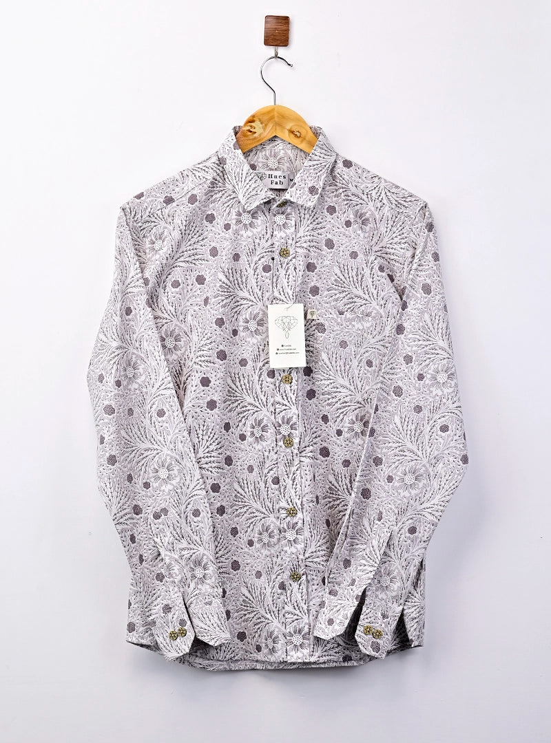 Grey Leaf Printed Full Sleeves Shirt