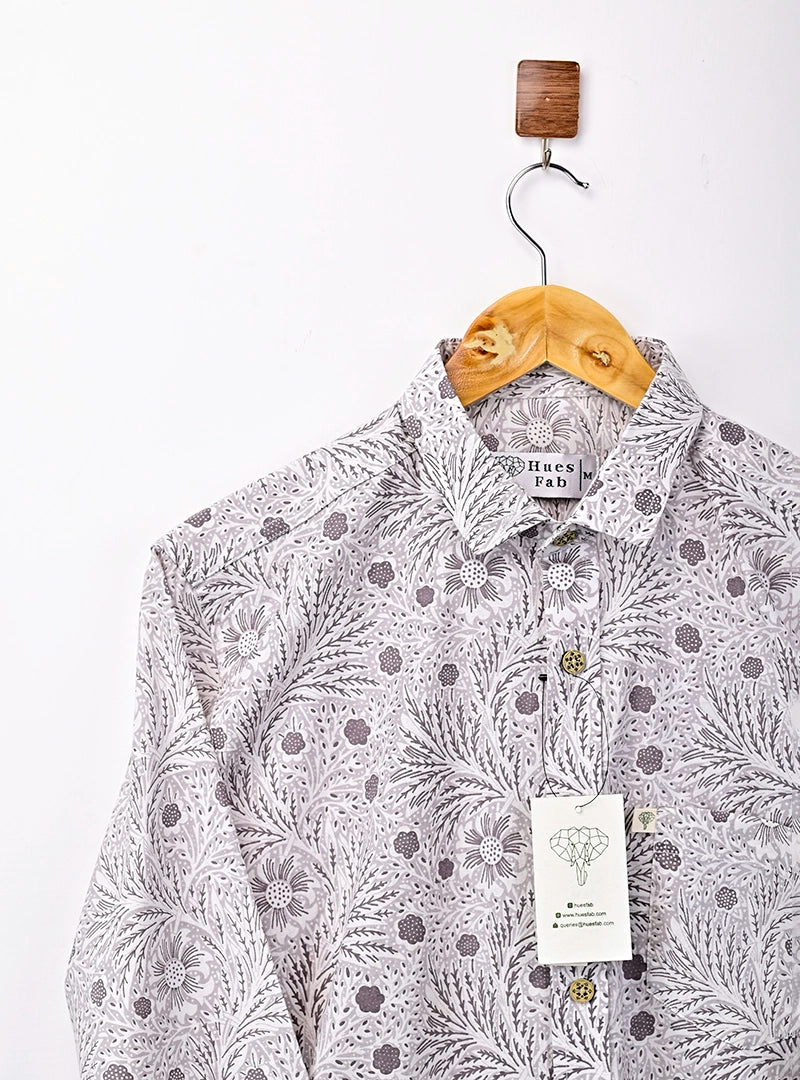 Grey Leaf Printed Full Sleeves Shirt