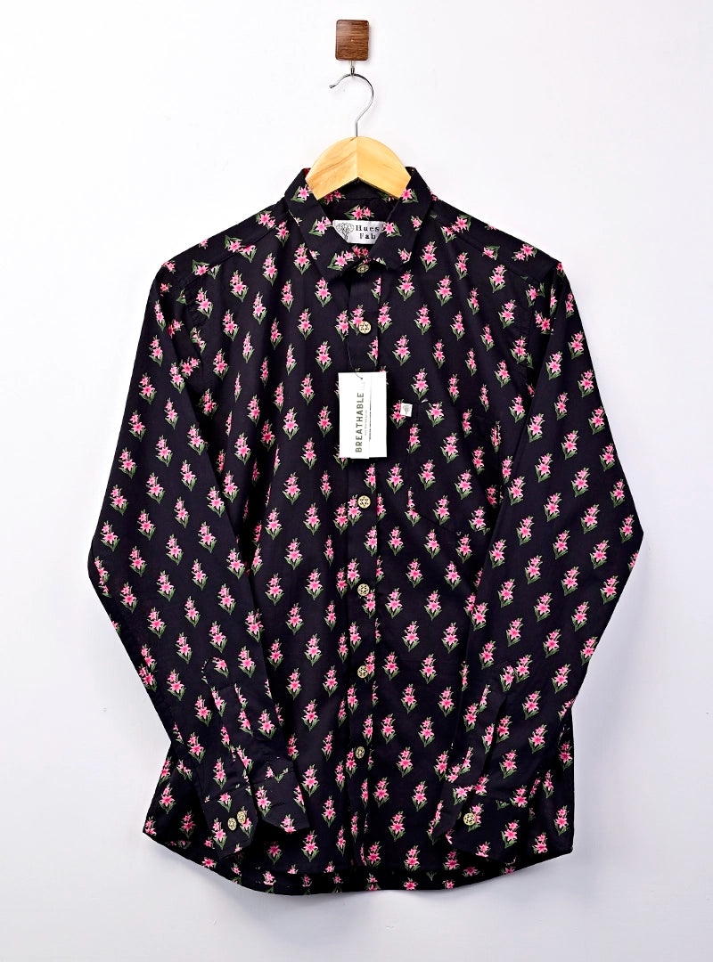 Black Pink Flower Printed Full Sleeves Shirt