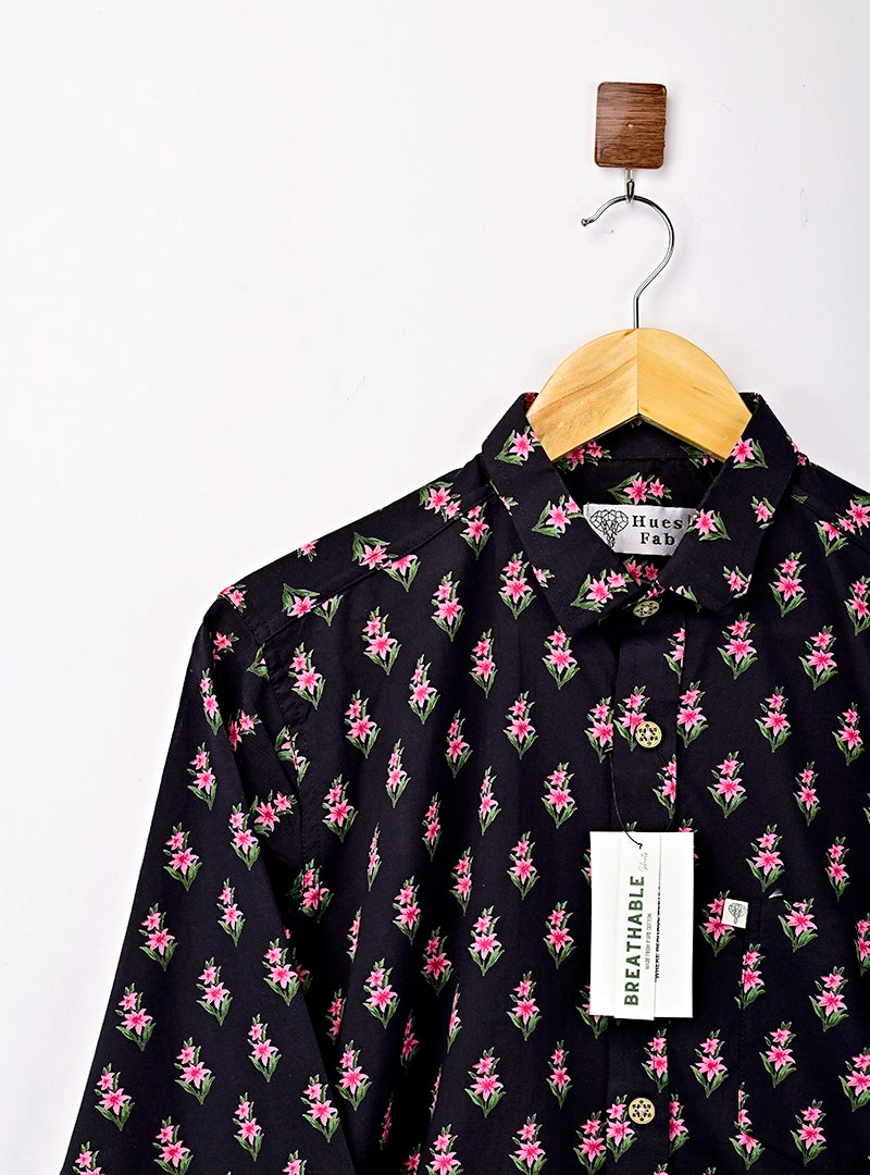 Black Pink Flower Printed Full Sleeves Shirt