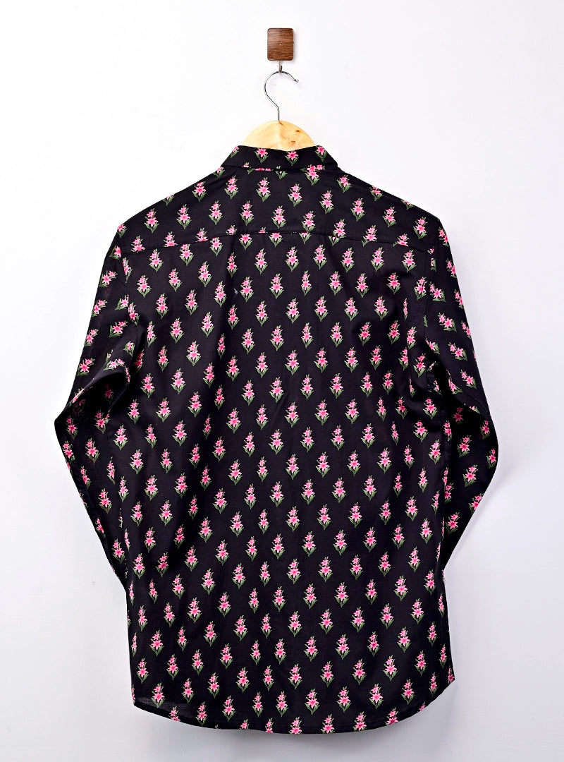 Black Pink Flower Printed Full Sleeves Shirt