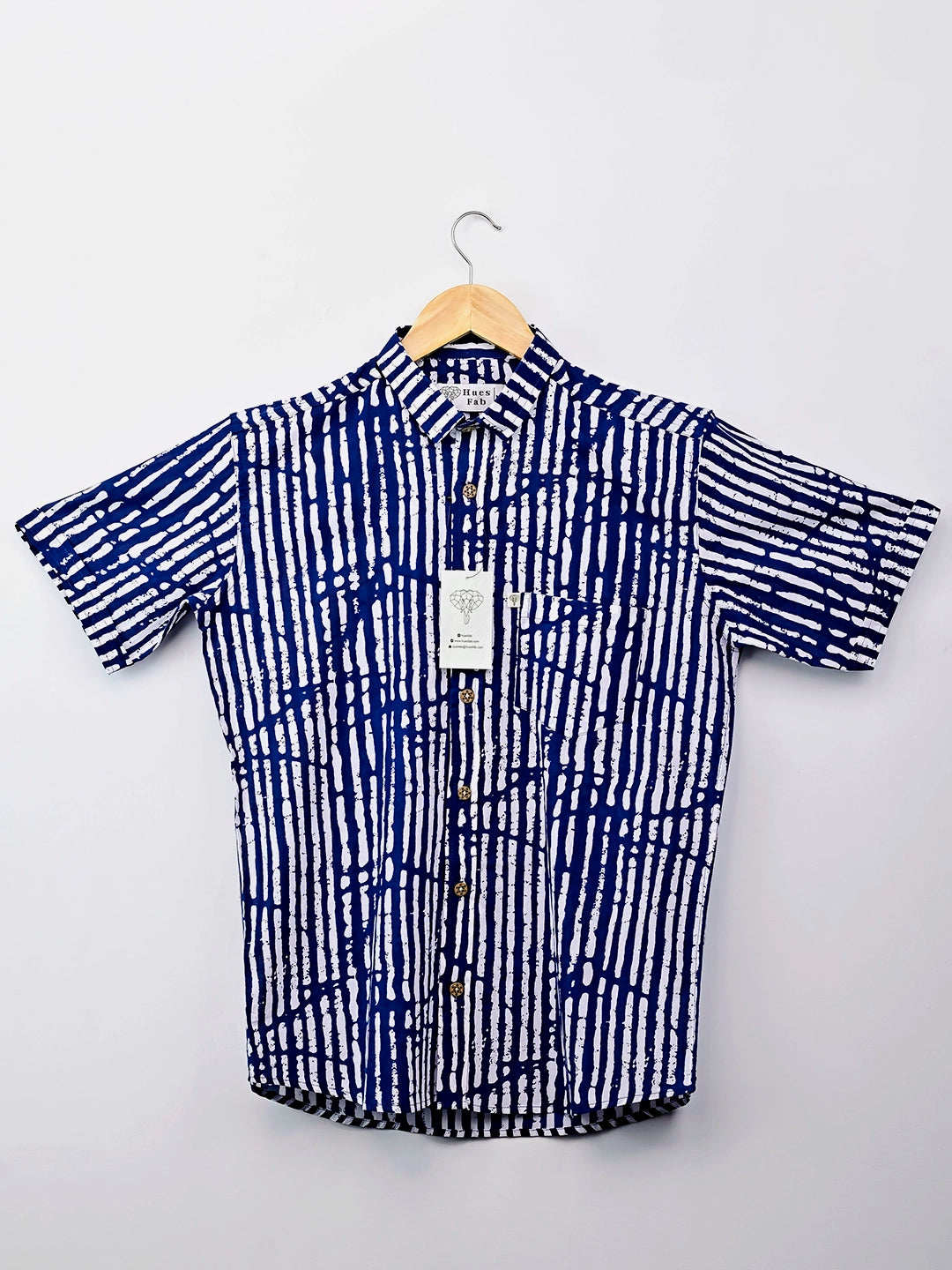 White & Navy Blue Lining Half-Sleeves Shirt