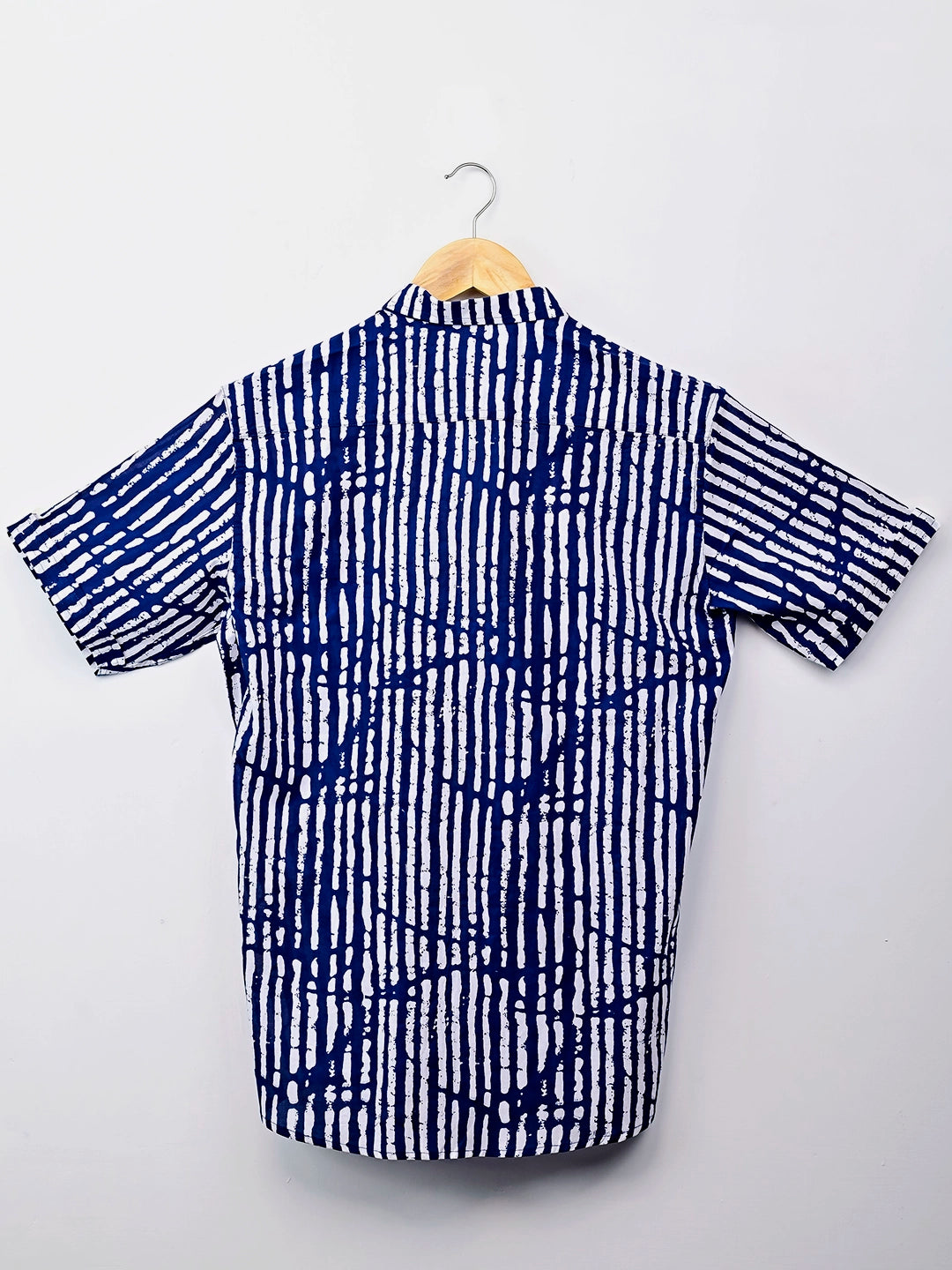White & Navy Blue Lining Half-Sleeves Shirt