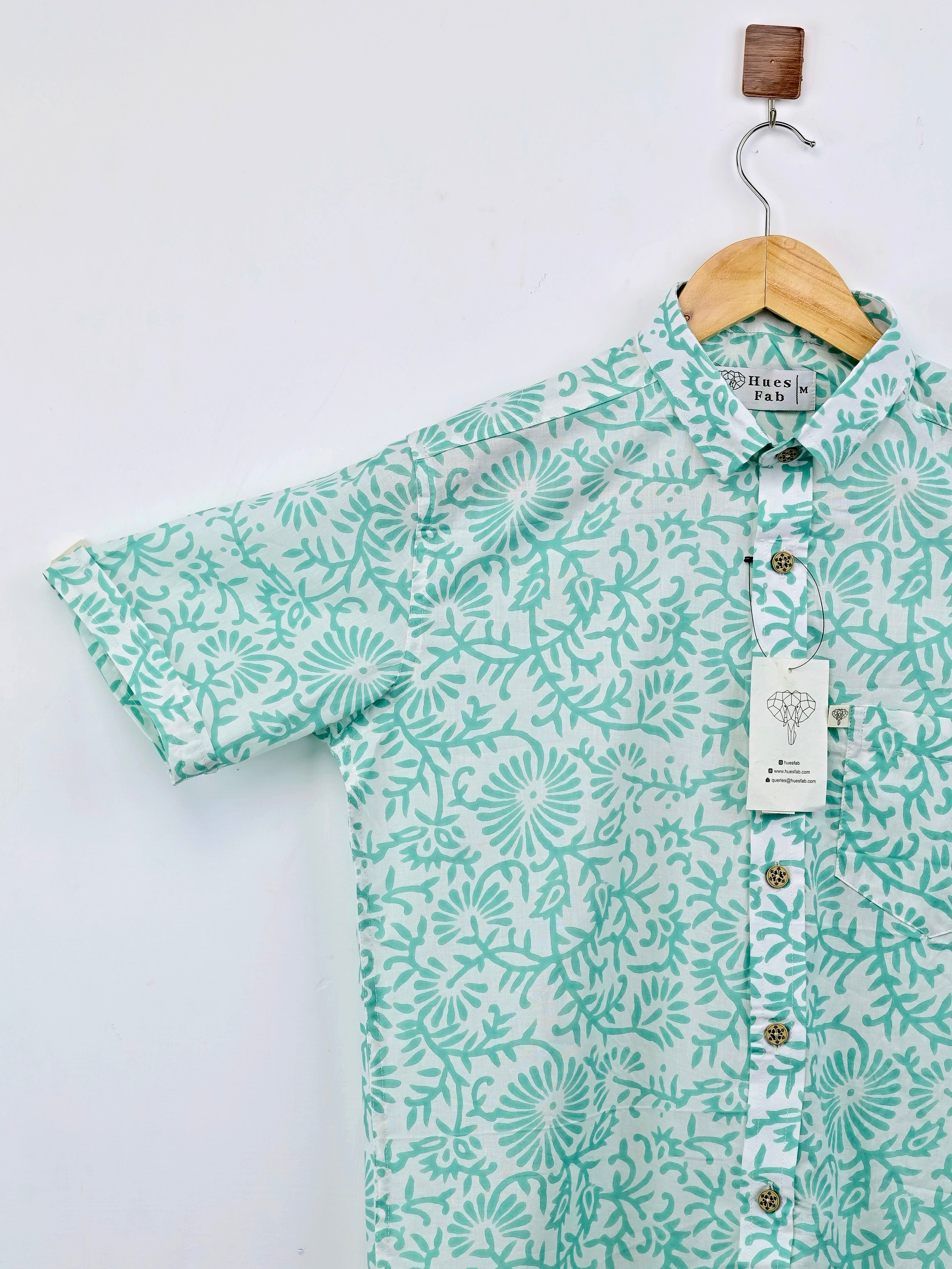 White – Mint Floral Half-Sleeves Shirt