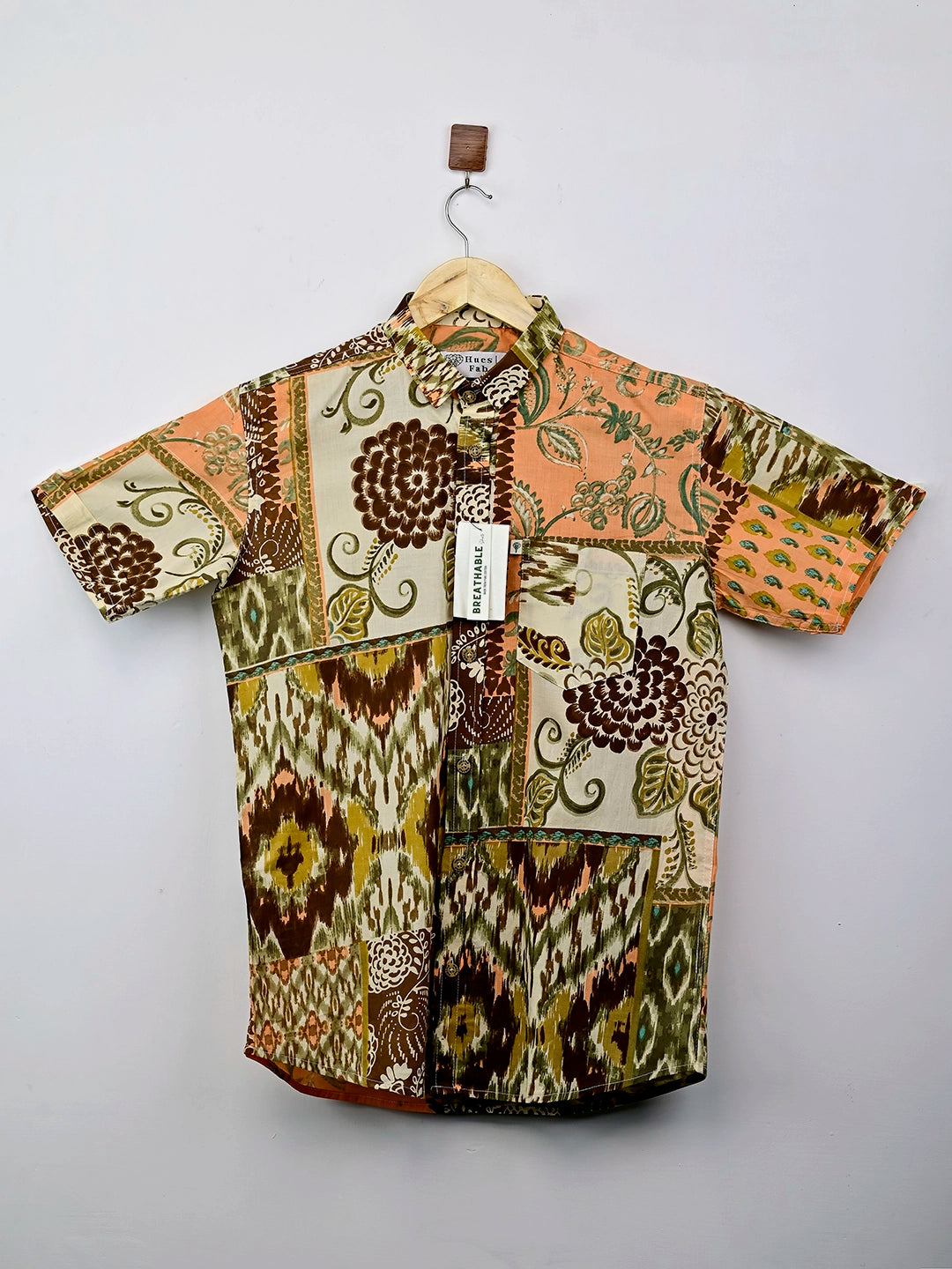 Brown Patchwork Half-Sleeves Shirt