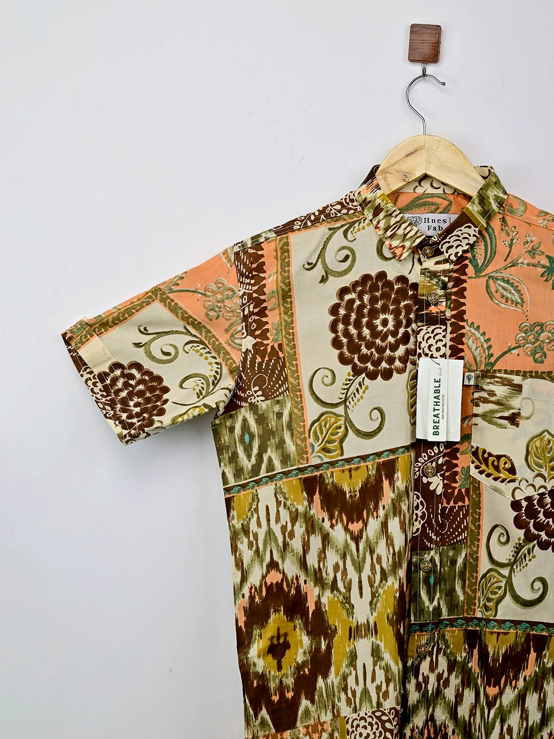 Brown Patchwork Half-Sleeves Shirt