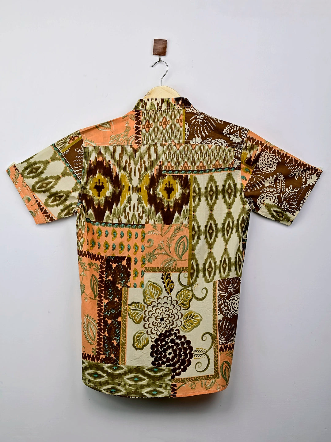 Brown Patchwork Half-Sleeves Shirt