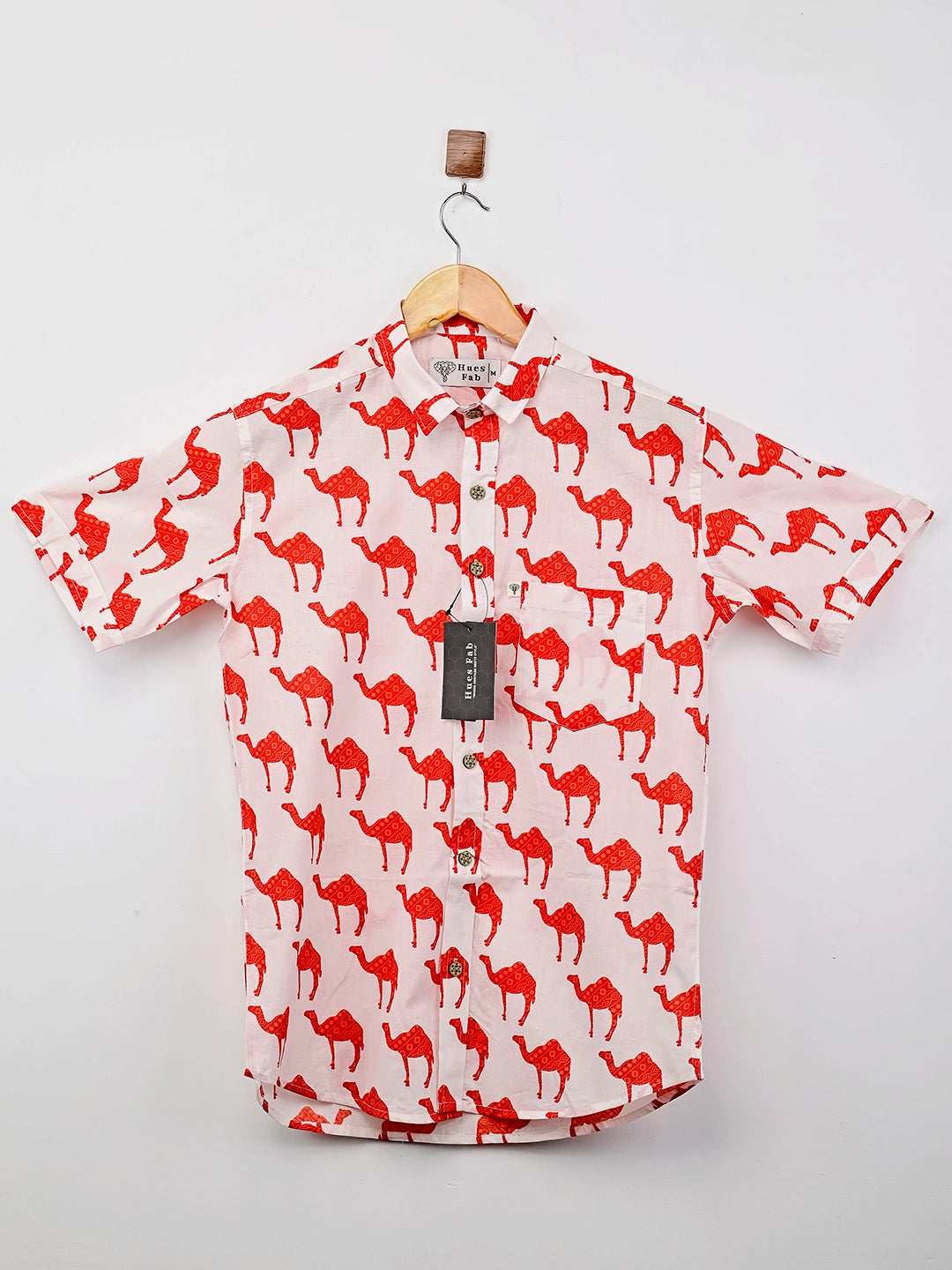 white and red camel printed half-sleeves shirt