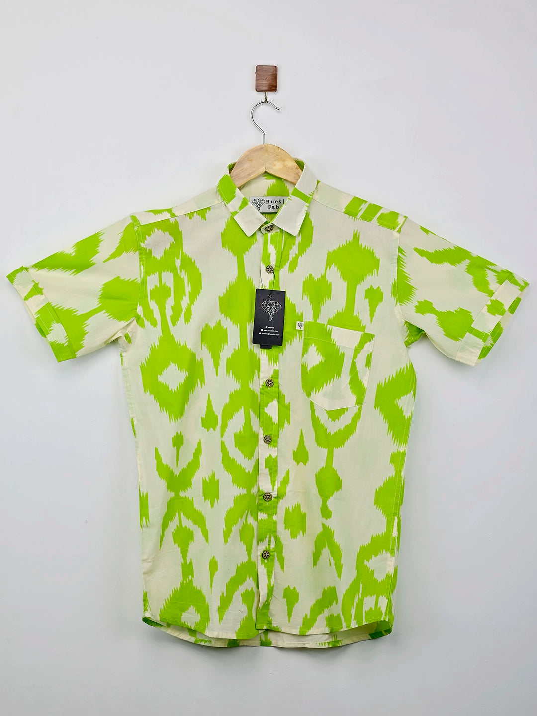 White Green Ikat Half Sleeves Shirt