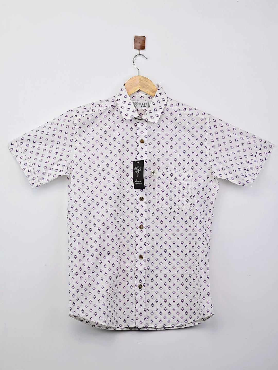 White – Purple Motif Printed Half-Sleeves Shirt