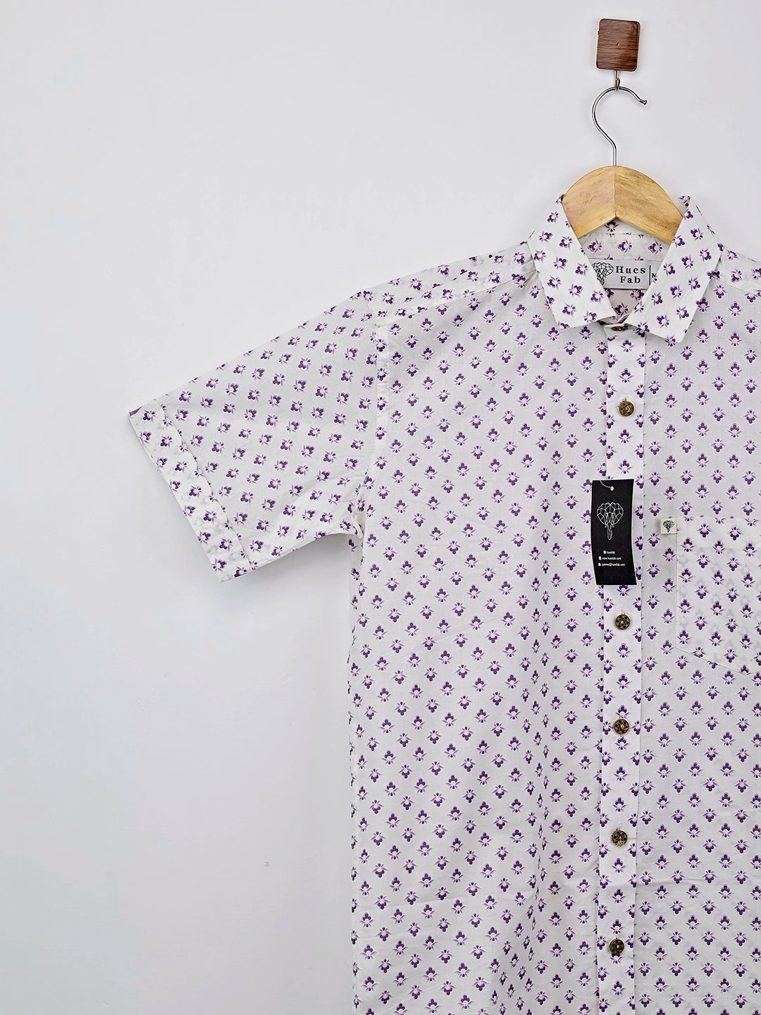 White – Purple Motif Printed Half-Sleeves Shirt